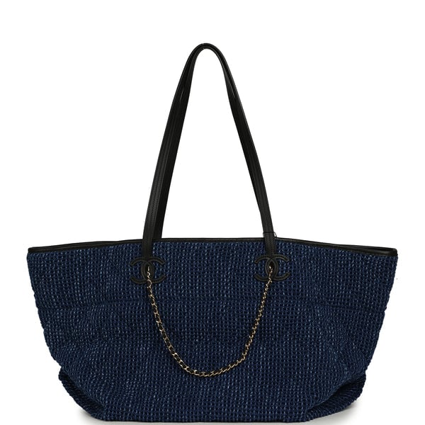Chanel Large CC Shopping Tote Bag Dark Blue Denim, Black Calfskin Gold Hardware