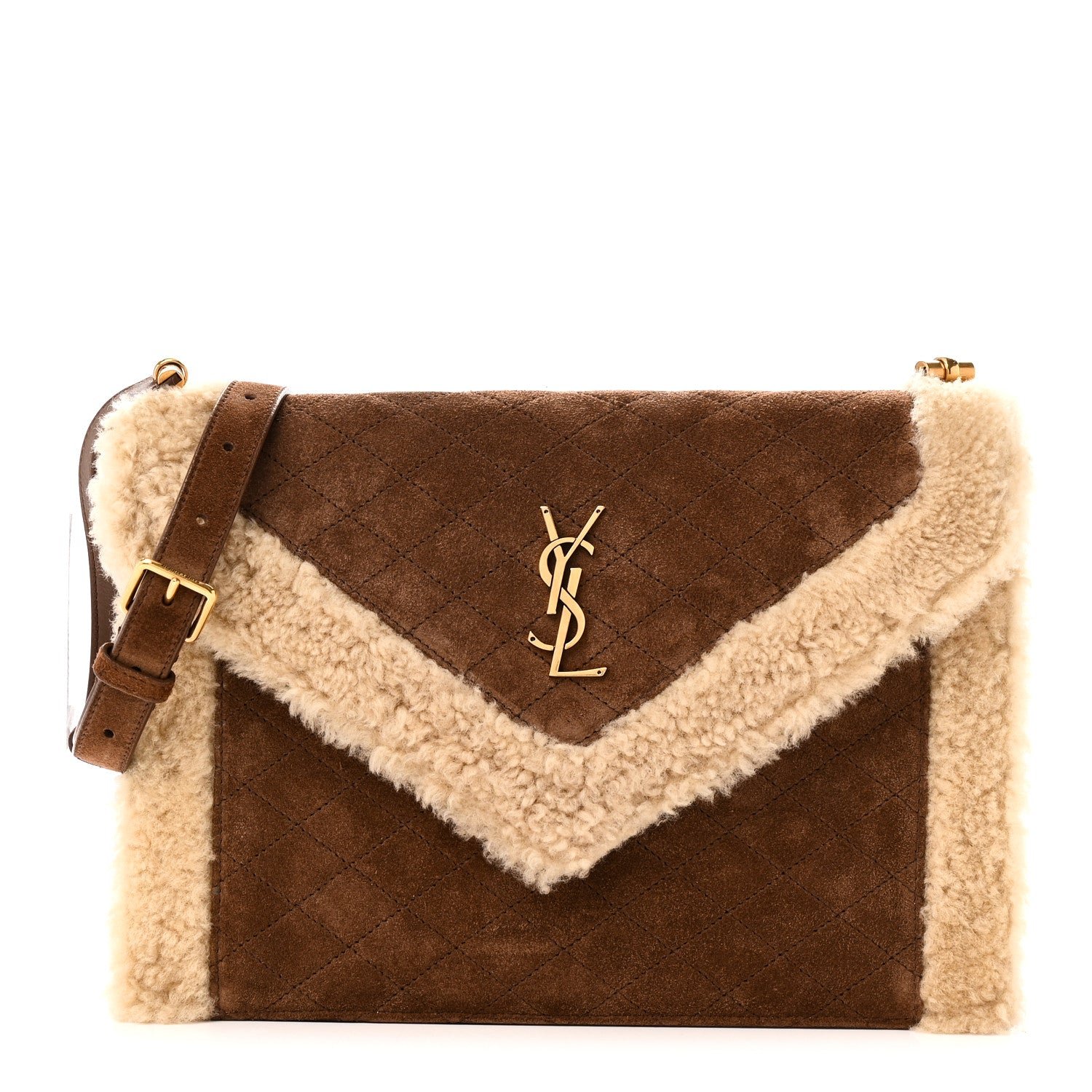 Saint Laurent Nubuck Shearling Quilted Medium Gaby Satchel Natural Tan