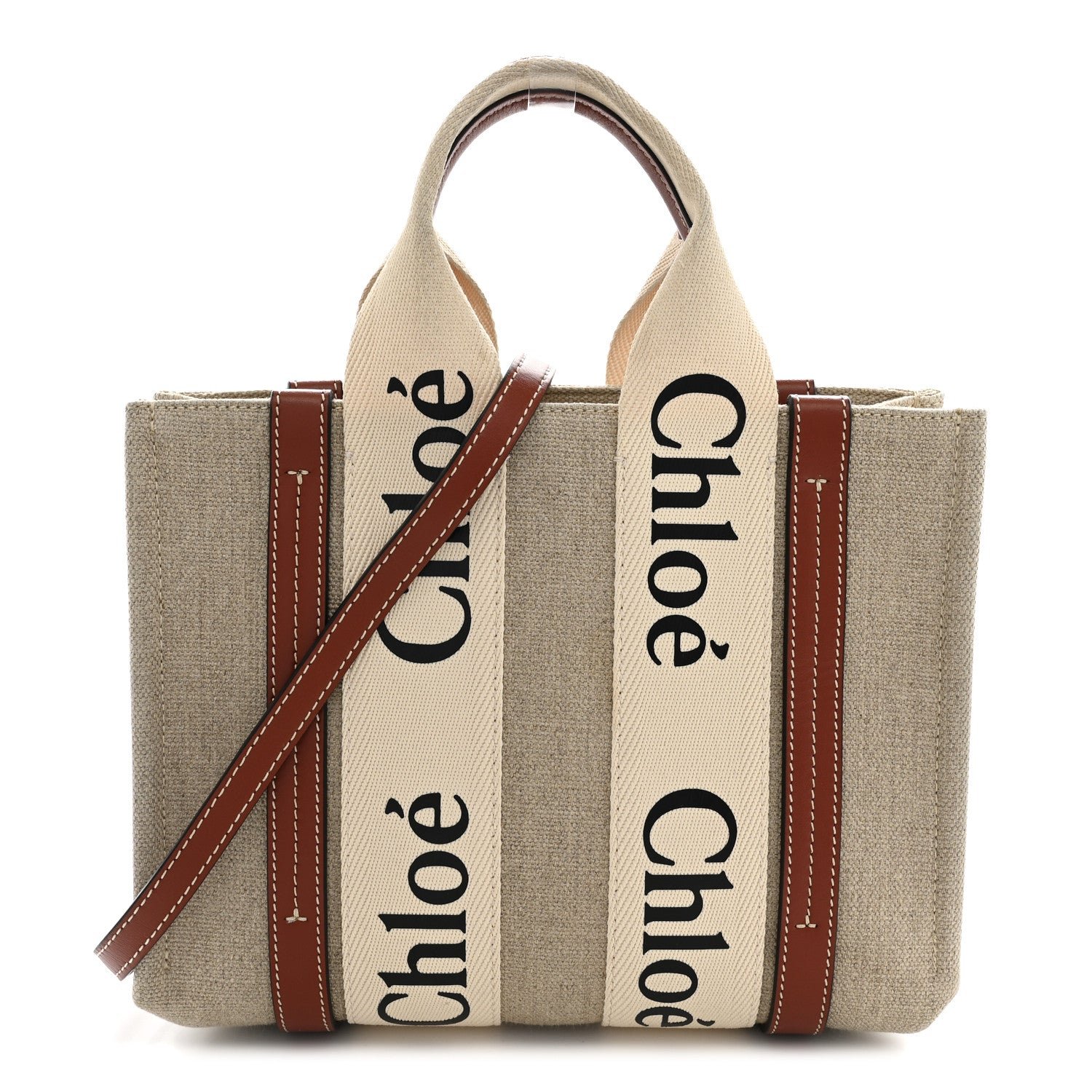 Chloe Cotton Calfskin Small Woody Ribbon Tote With Strap White Brown
