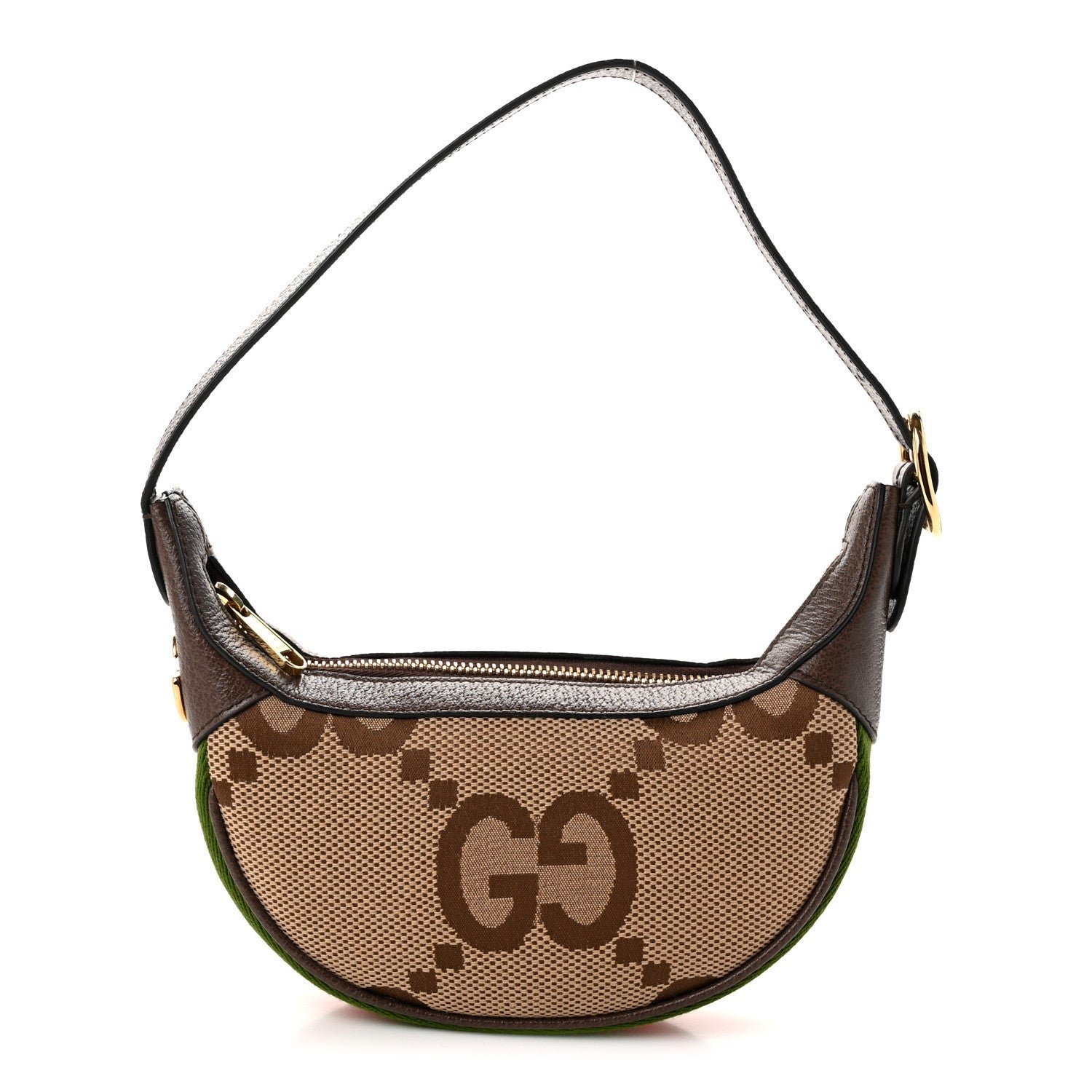 Gucci Monogram Jumbo GG Textured Dollar Calfskin Web Mini Ophidia Half Moon Hobo Camel Ebony New Acero