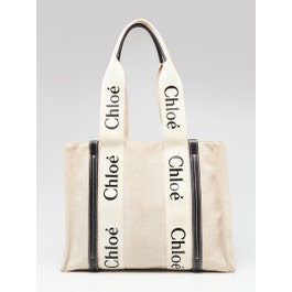 Chloe Chloe Beige/Black Canvas/Leather Medium Woody Tote Bag