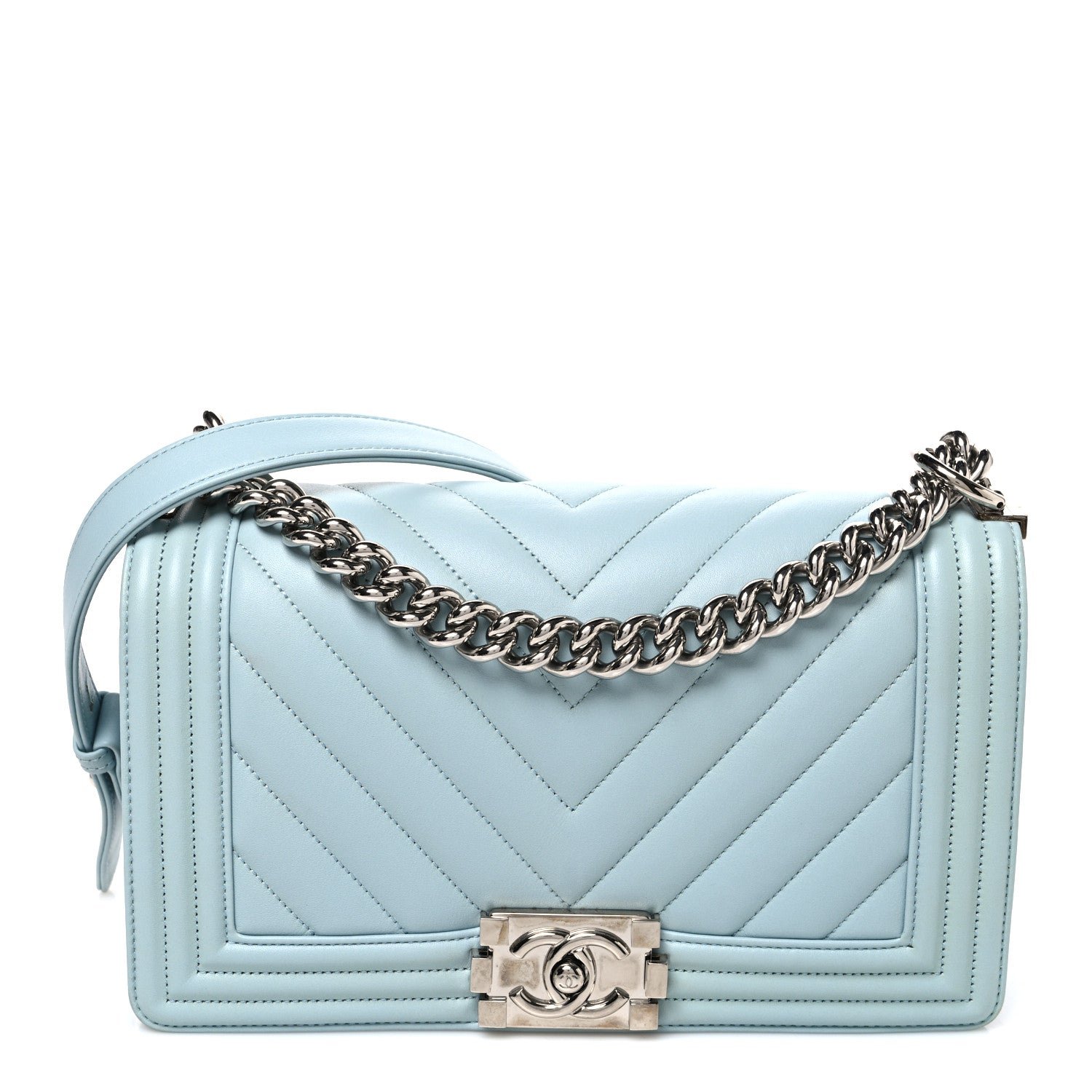 Chanel Lambskin Chevron Quilted Medium Boy Flap Light Blue