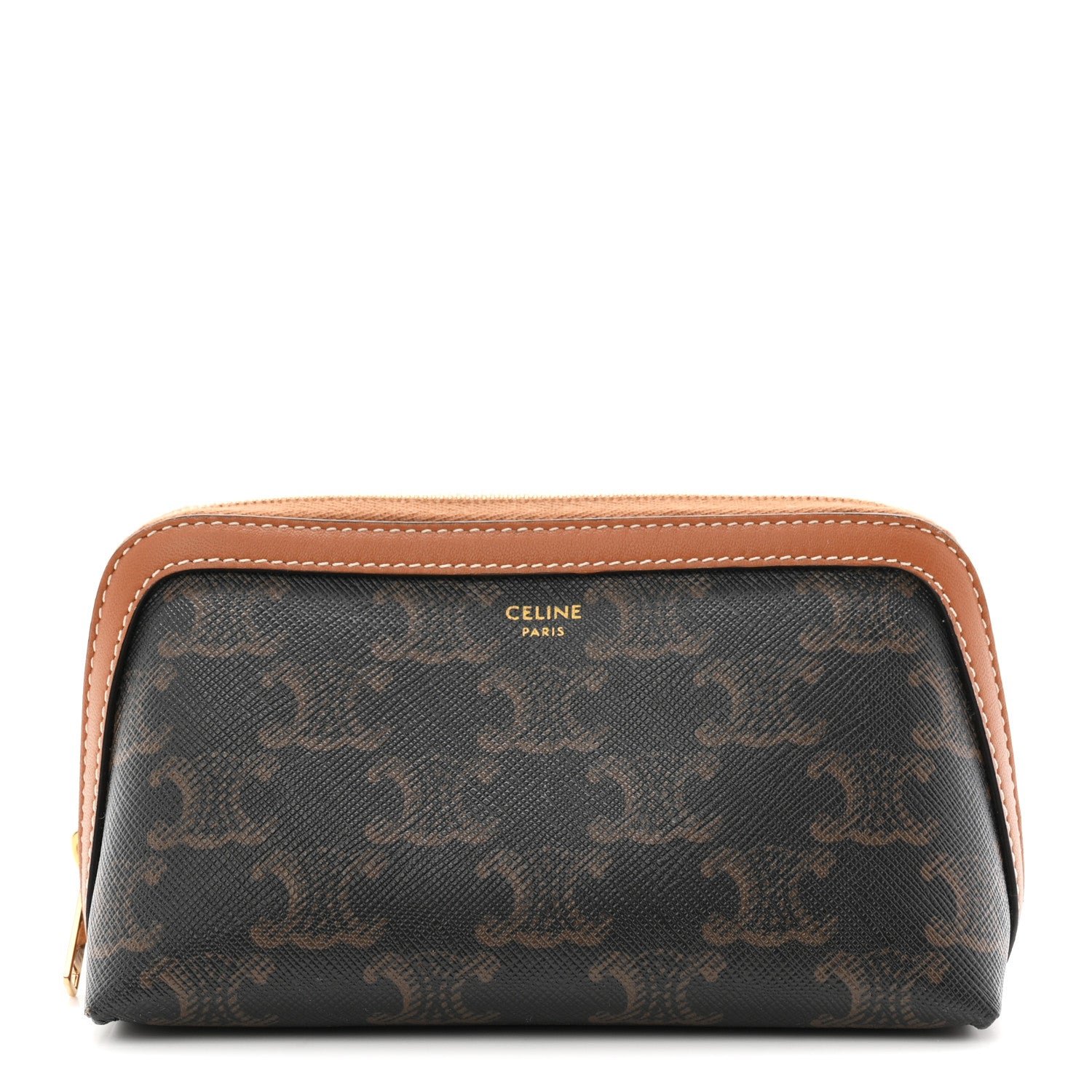 Celine Triomphe Canvas Calfskin Small Cosmetic Pouch Tan