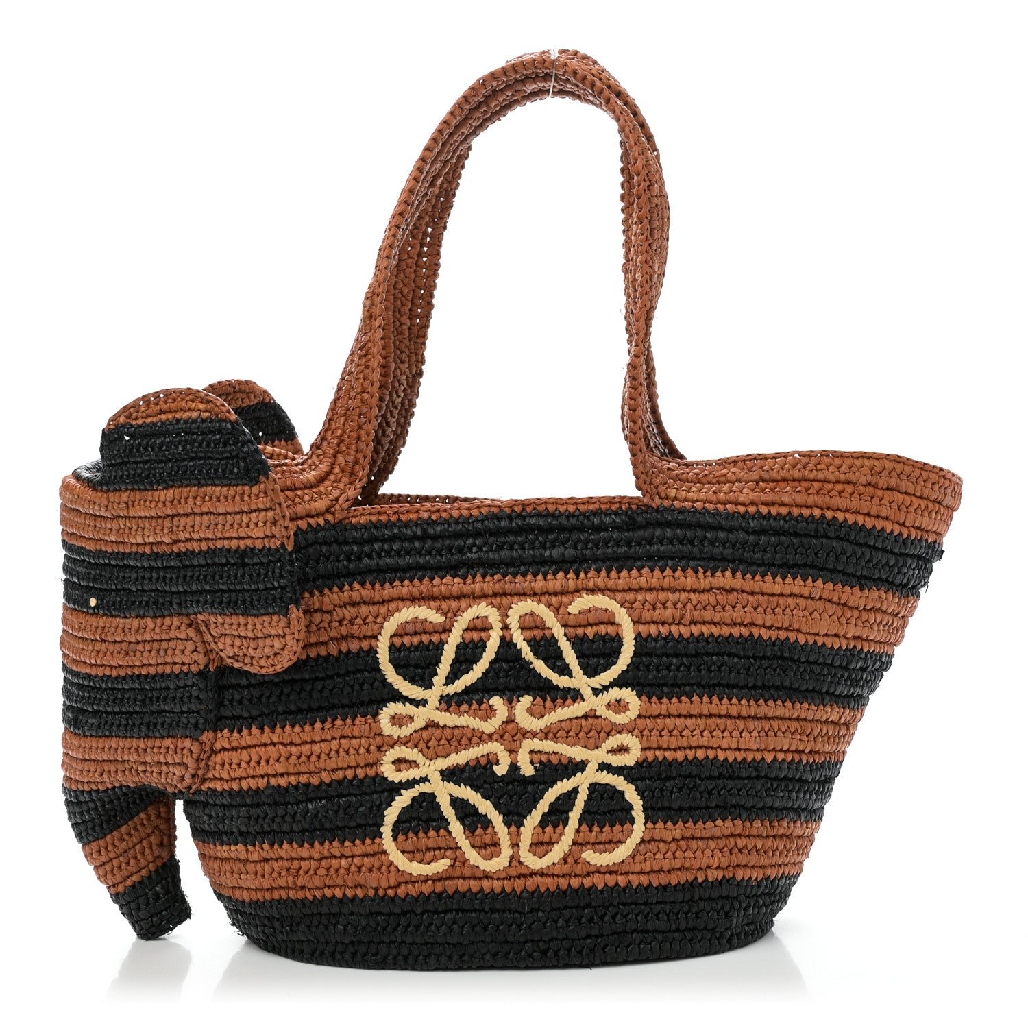 Loewe X Paulas Ibiza Raffia Striped Small Elephant Basket Tote Bag Honey Gold Black