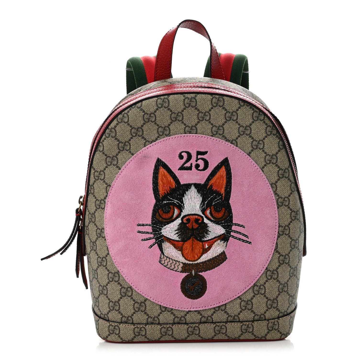 Gucci GG Supreme Monogram Web Bosco Patch Dome Backpack Beige Malva Hibiscus Red
