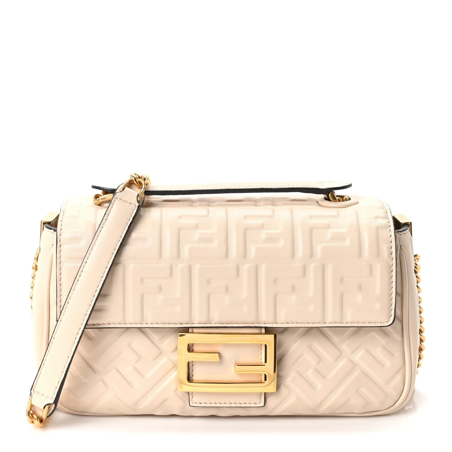 Fendi Nappa Small FF Embossed Midi Chain Baguette Camelia