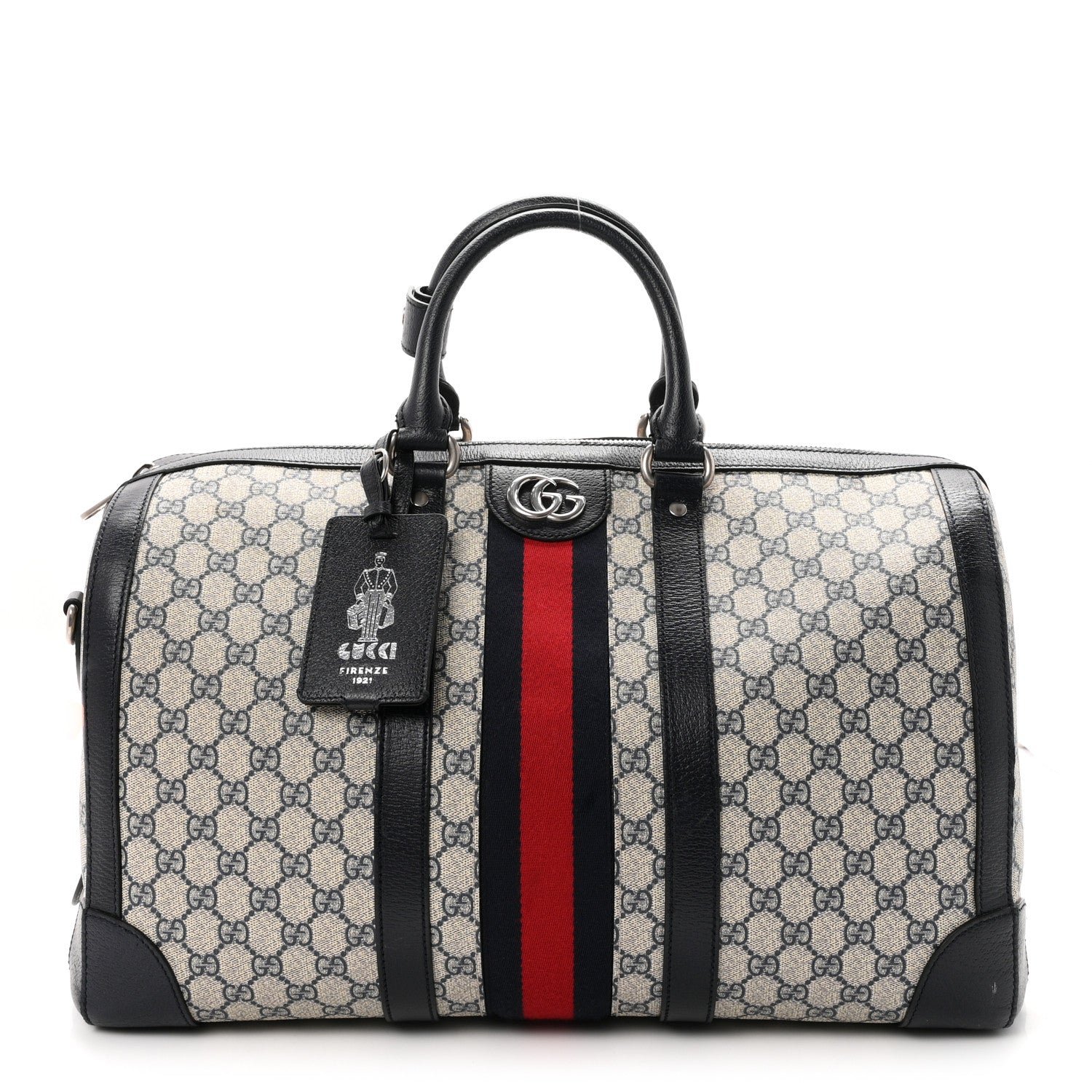 Gucci GG Supreme Monogram Textured Dollar Calfskin Web Medium Savoy Duffle Bag Beige Blue
