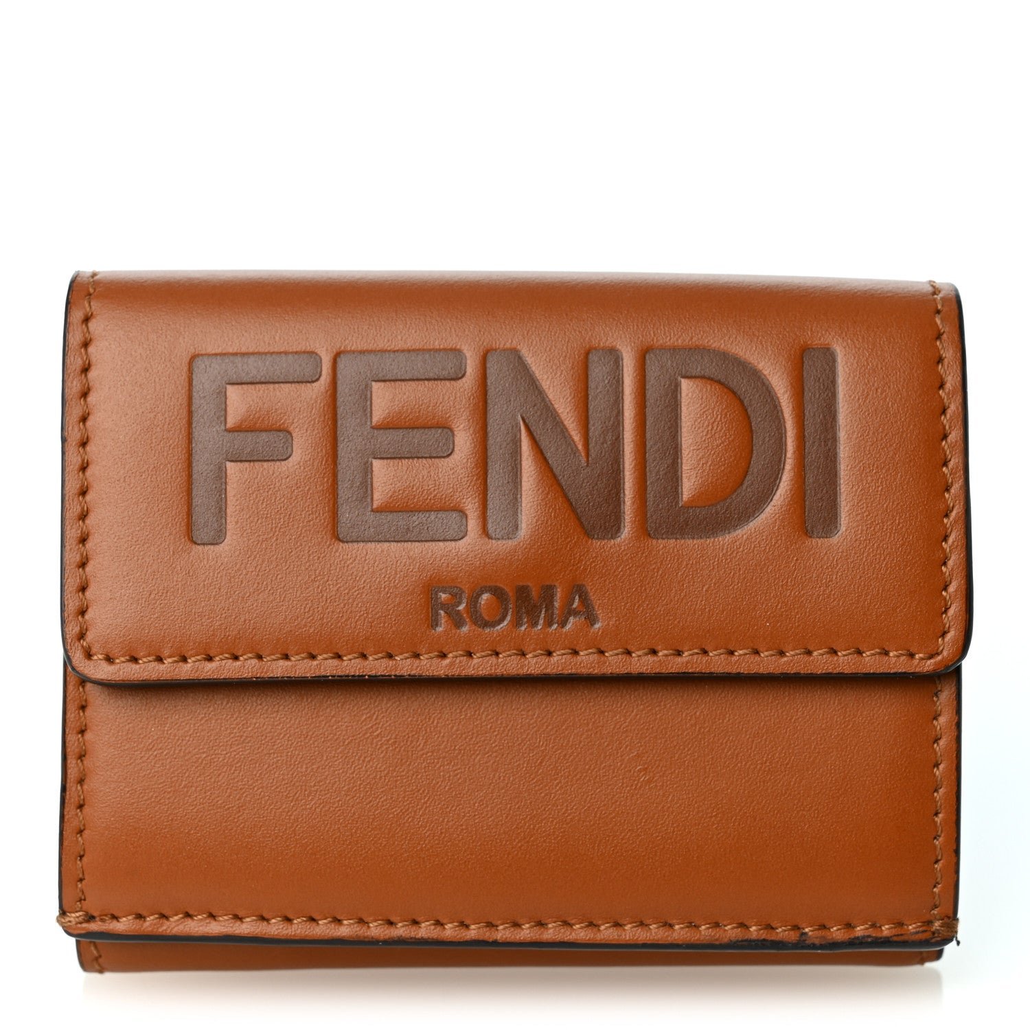 Fendi Vitello King Logo Embossed Micro Tri-Fold Wallet Cuoio