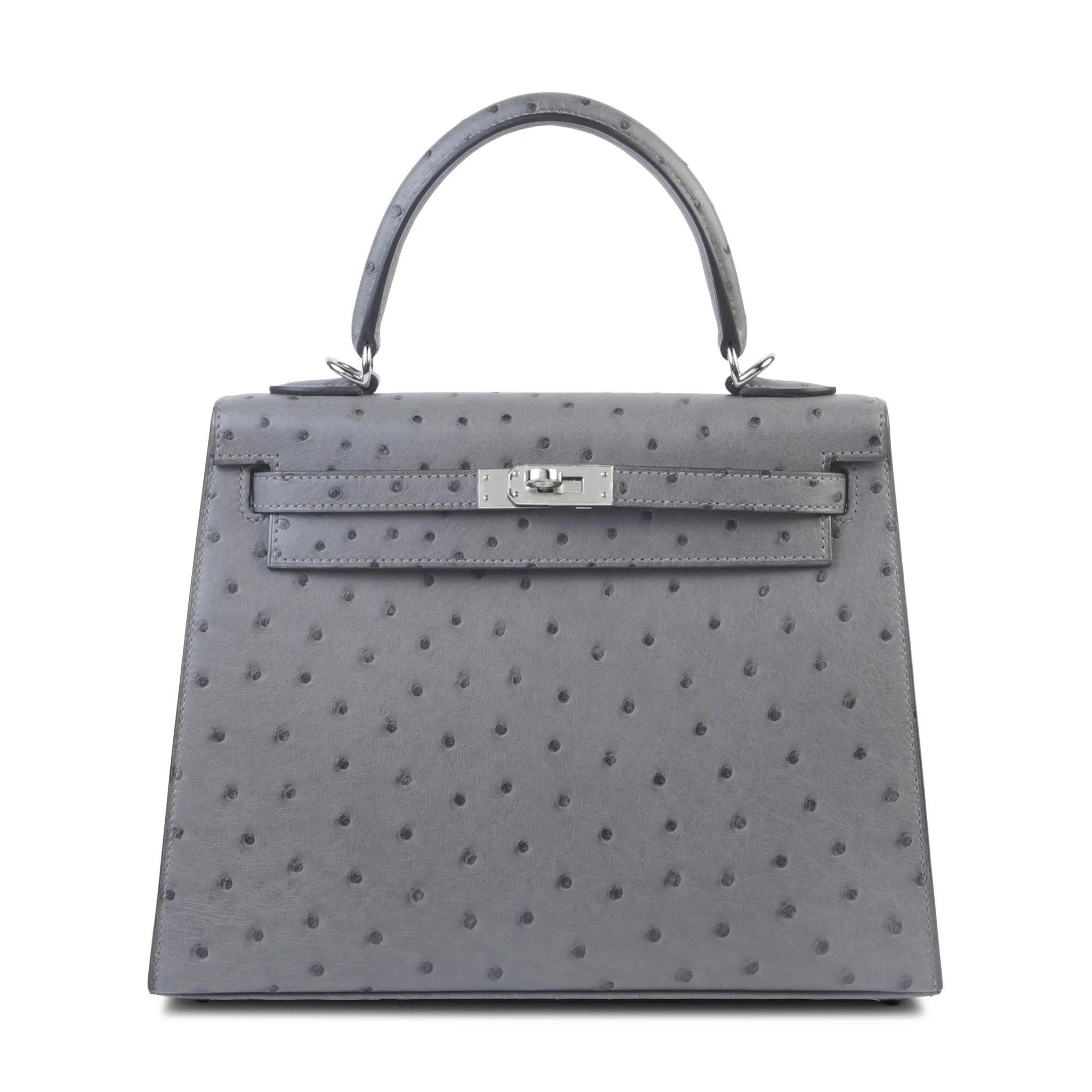 Unused ( Rank NS ) HERMÈS Kelly 25 Sellier Gris Meyer (0L) Ostrich Palladium hardware B (2023)
