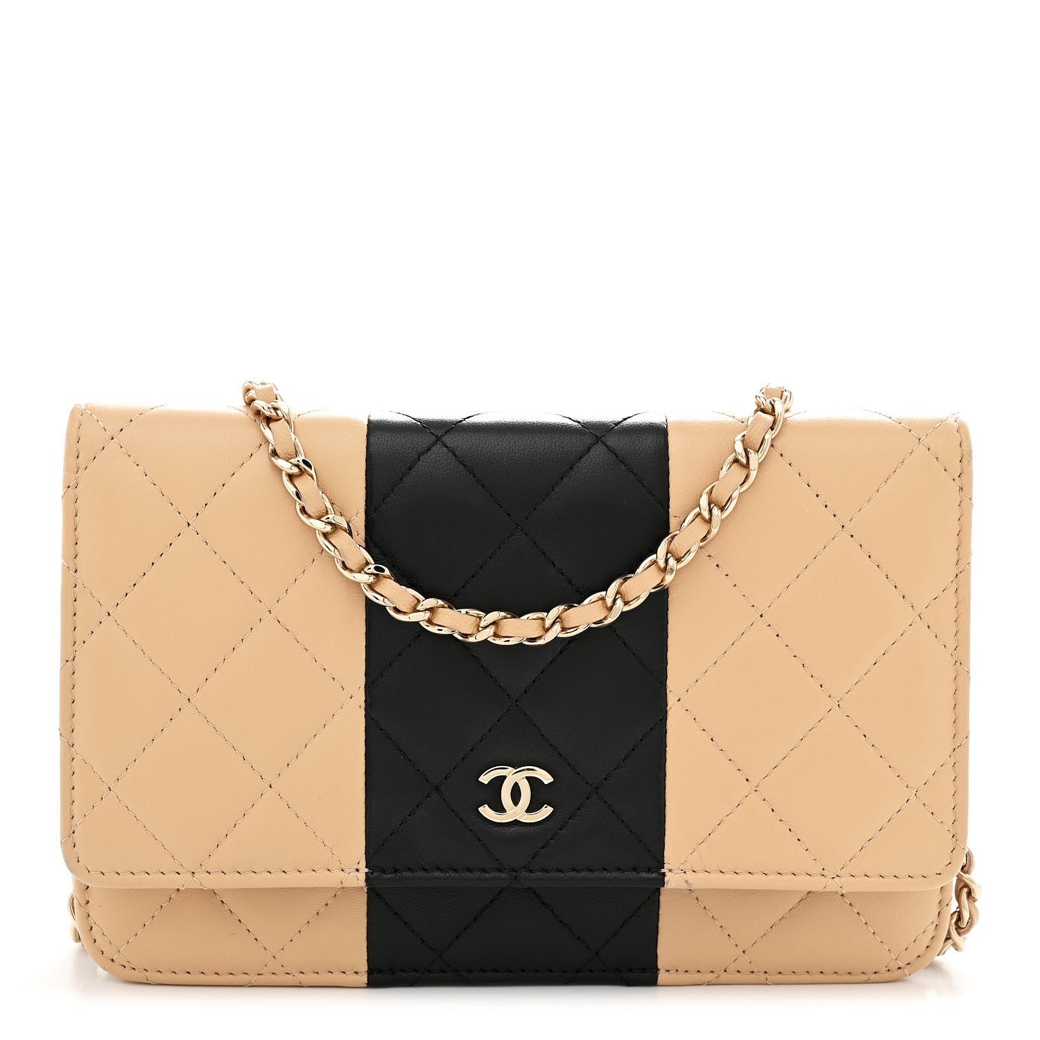 Chanel Lambskin Quilted Wallet On Chain WOC Beige Black