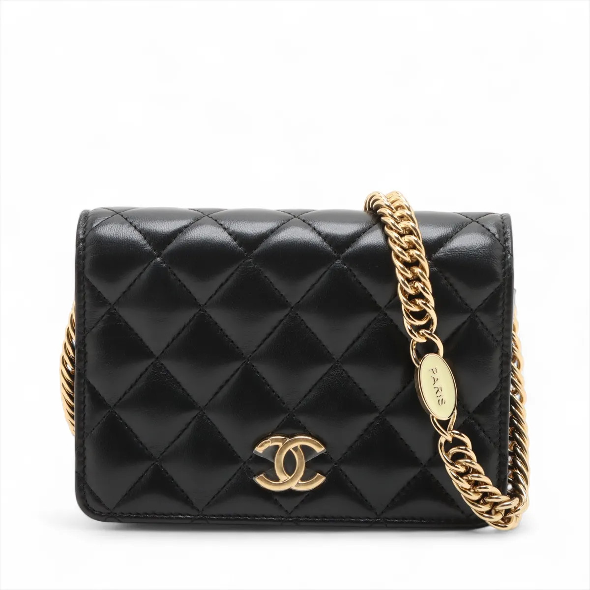 Chanel Matelasse Lambskin Chain Wallet Black Gold Metal Fittings random serial