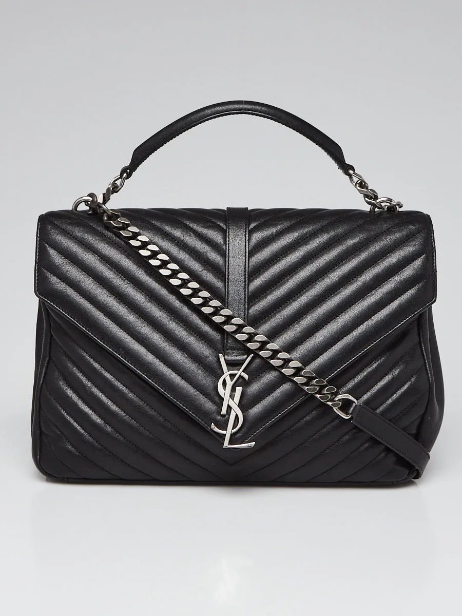 Yves Saint Laurent Black Chevron Quilted Calfskin Leather Monogram Large College Bag