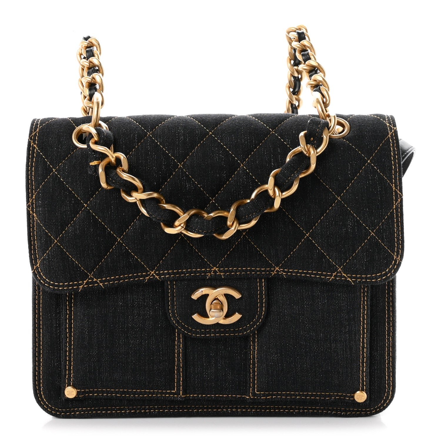 Chanel Denim Quilted Double You Backpack Blue Golden