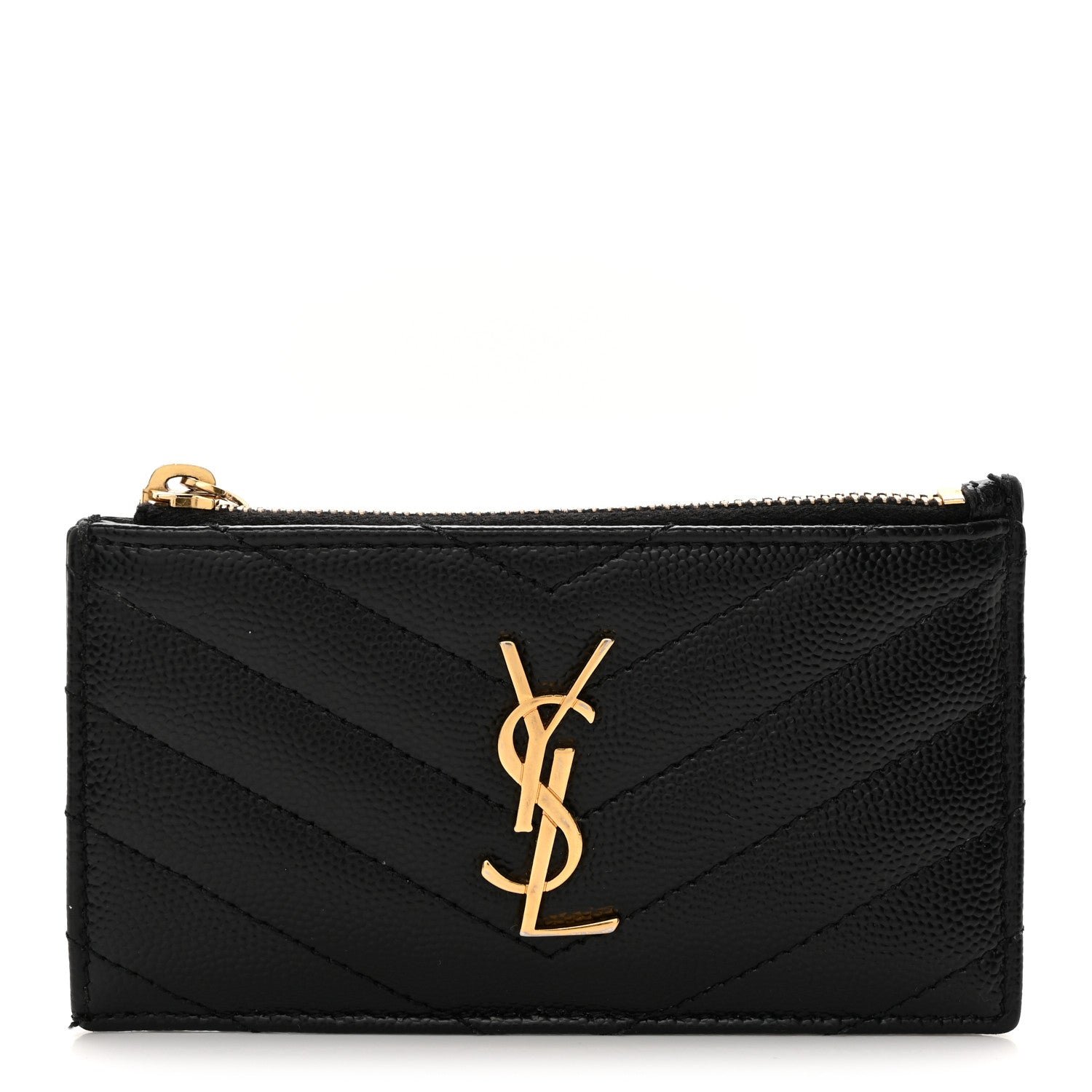 Saint Laurent Grain De Poudre Matelasse Chevron Monogram Fragments Zippered Card Case Black