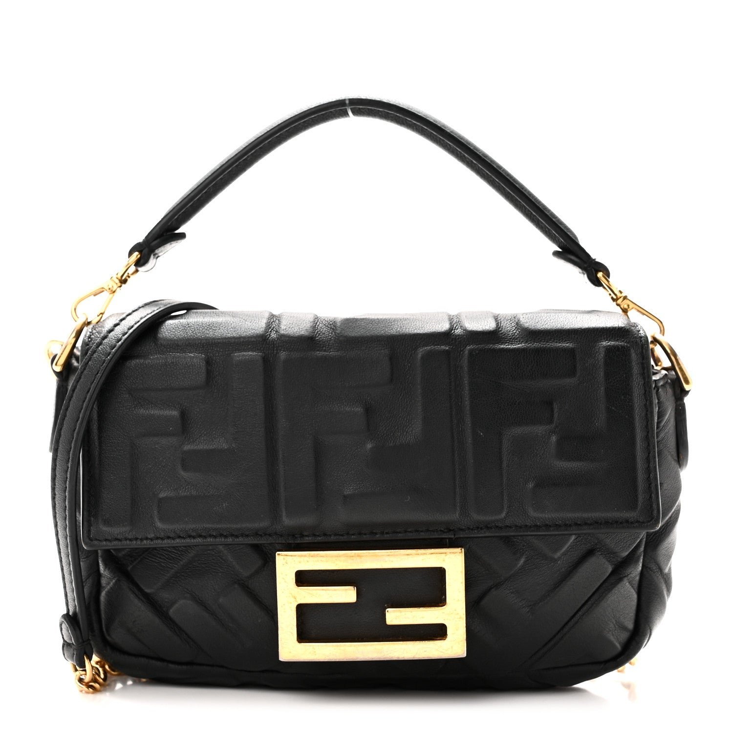 Fendi Nappa FF 1974 Embossed Mini Baguette Black