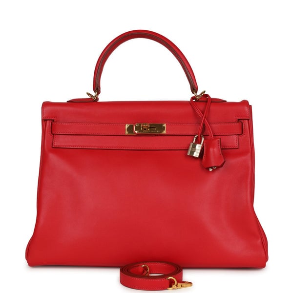 Hermes Vintage Hermes Kelly Retourne 35 Rouge Vif Gulliver Gold Hardware