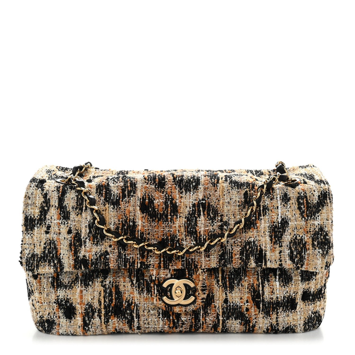 Chanel Tweed Mixed Fibers Leopard Print Small Souplissimo Maxi Flap Brown Black White