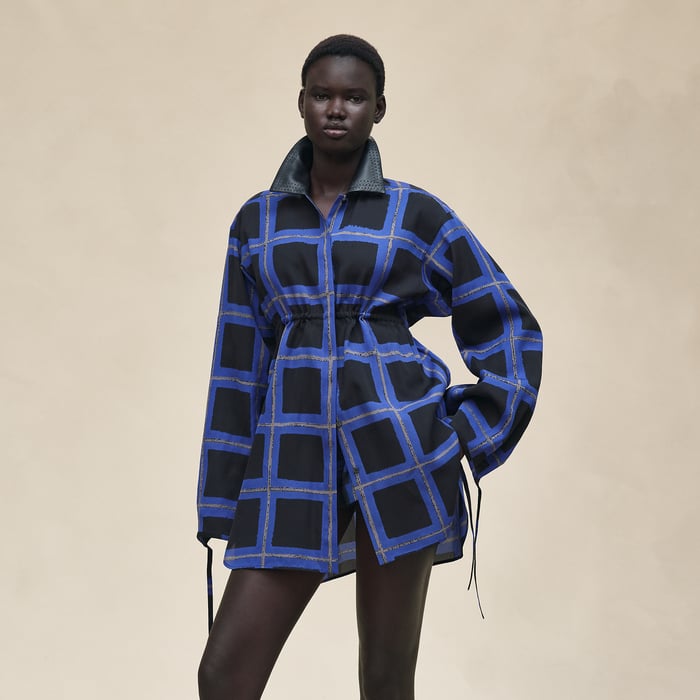 Bleu Noir "Carreaux a Main Levee" Mixed Leather Details Drawstring Shirt