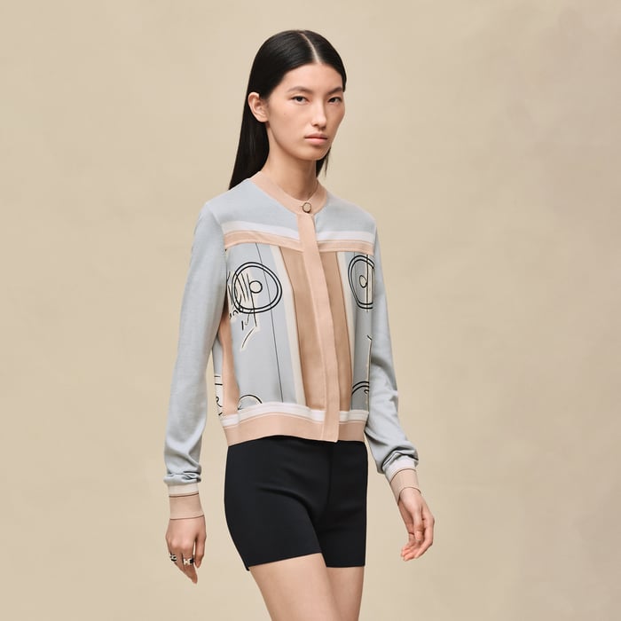 Gris Paruline "Ex-libris a Main Levee" Long-sleeve Twillaine Cardigan