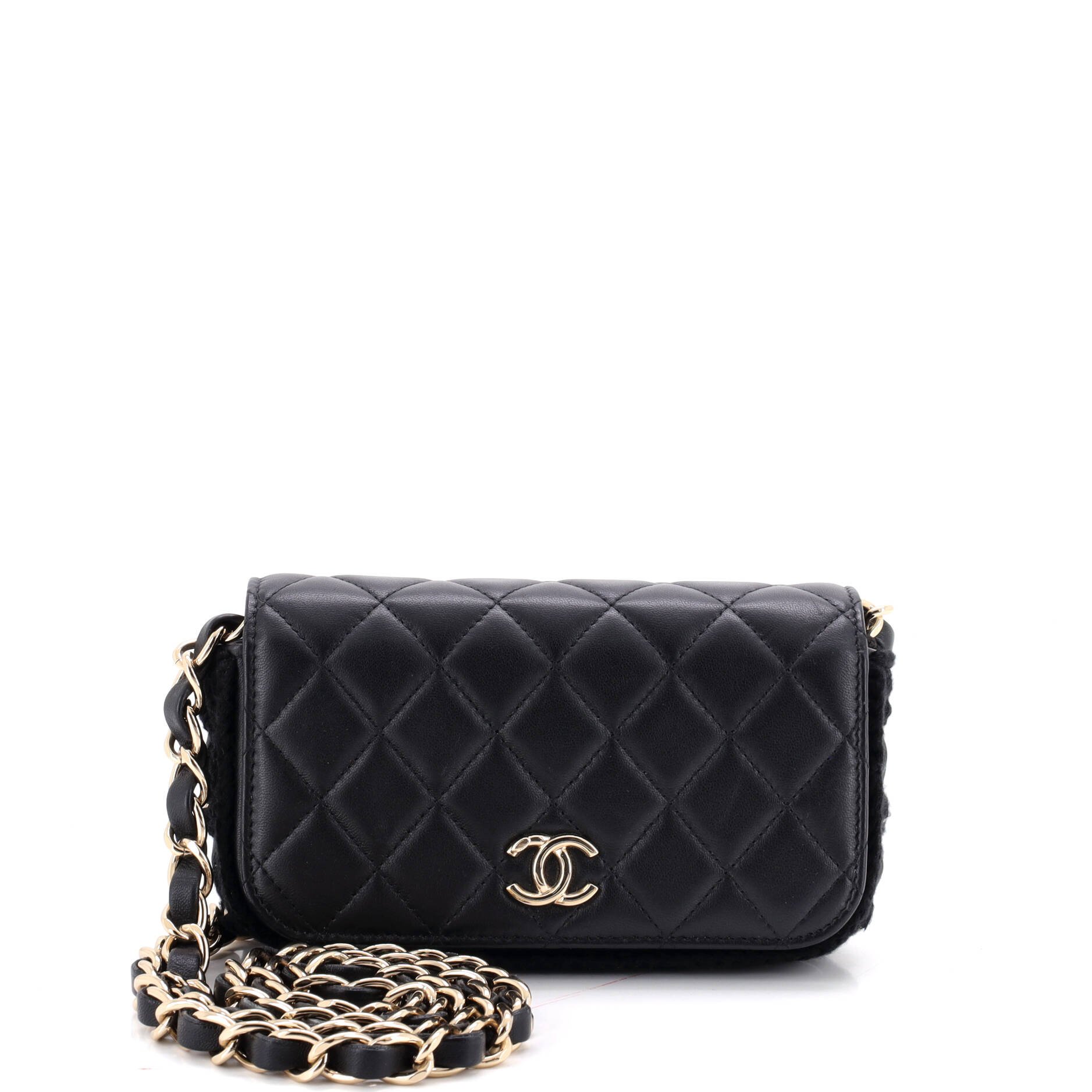 CC Flap Phone Holder with Chain Quilted Lambskin with Crochet Detail