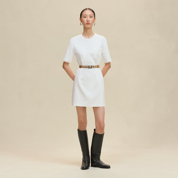 Blanc Embroidered Pocket Flared Dress