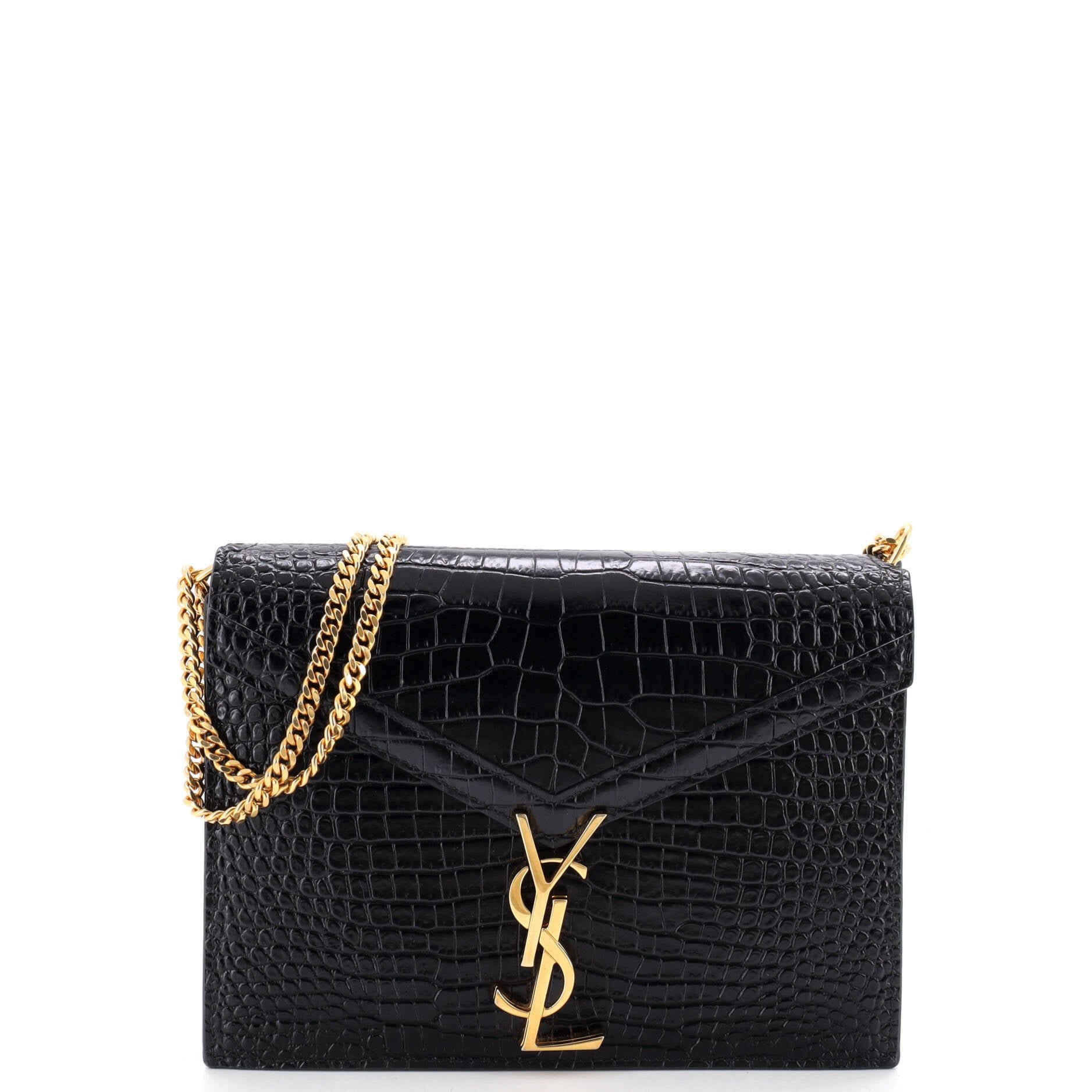 Cassandra Chain Shoulder Bag Crocodile Embossed Leather Small
