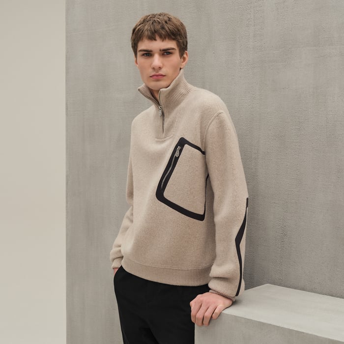 Sable Full-zip Sweater With Leather Detail