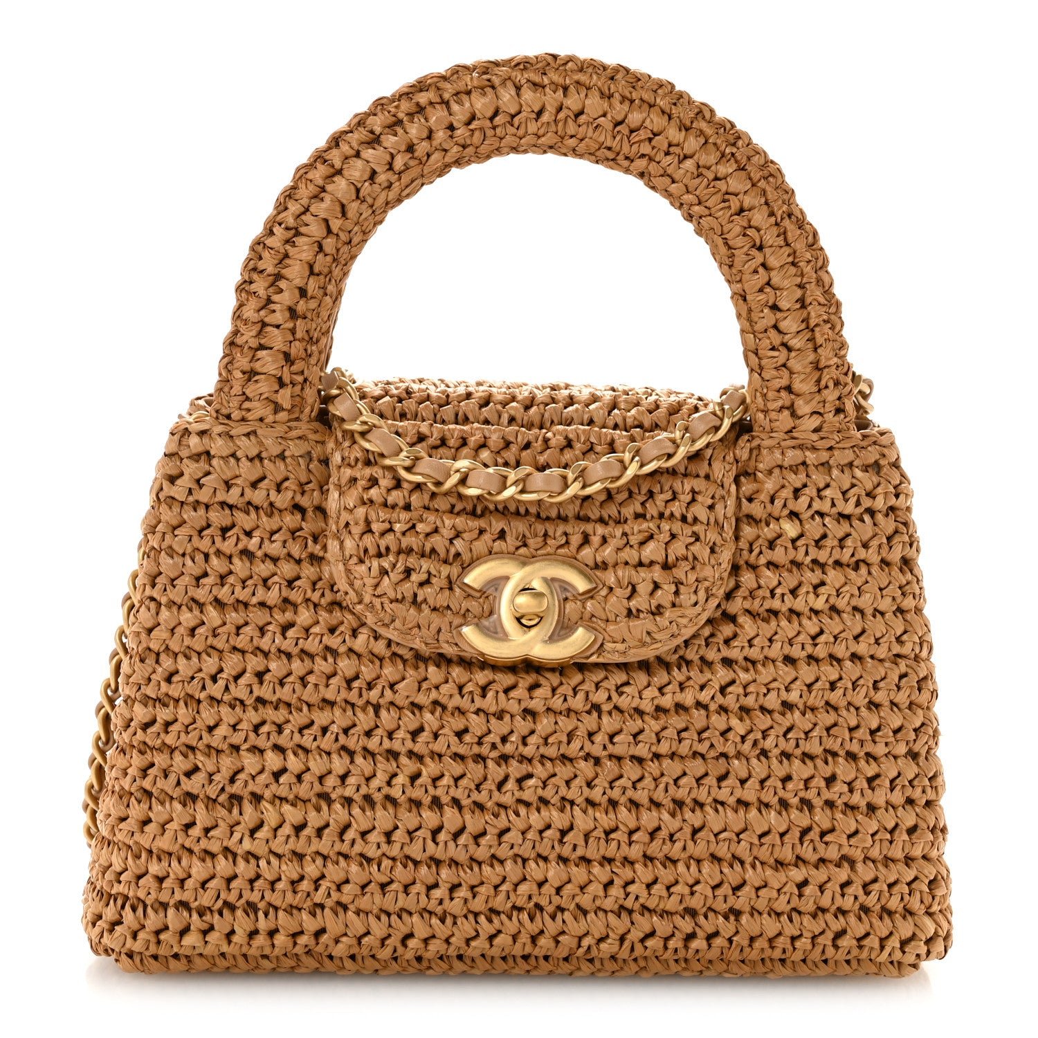 Chanel Braided Raffia Nano Kelly Flap Bag Dark Beige
