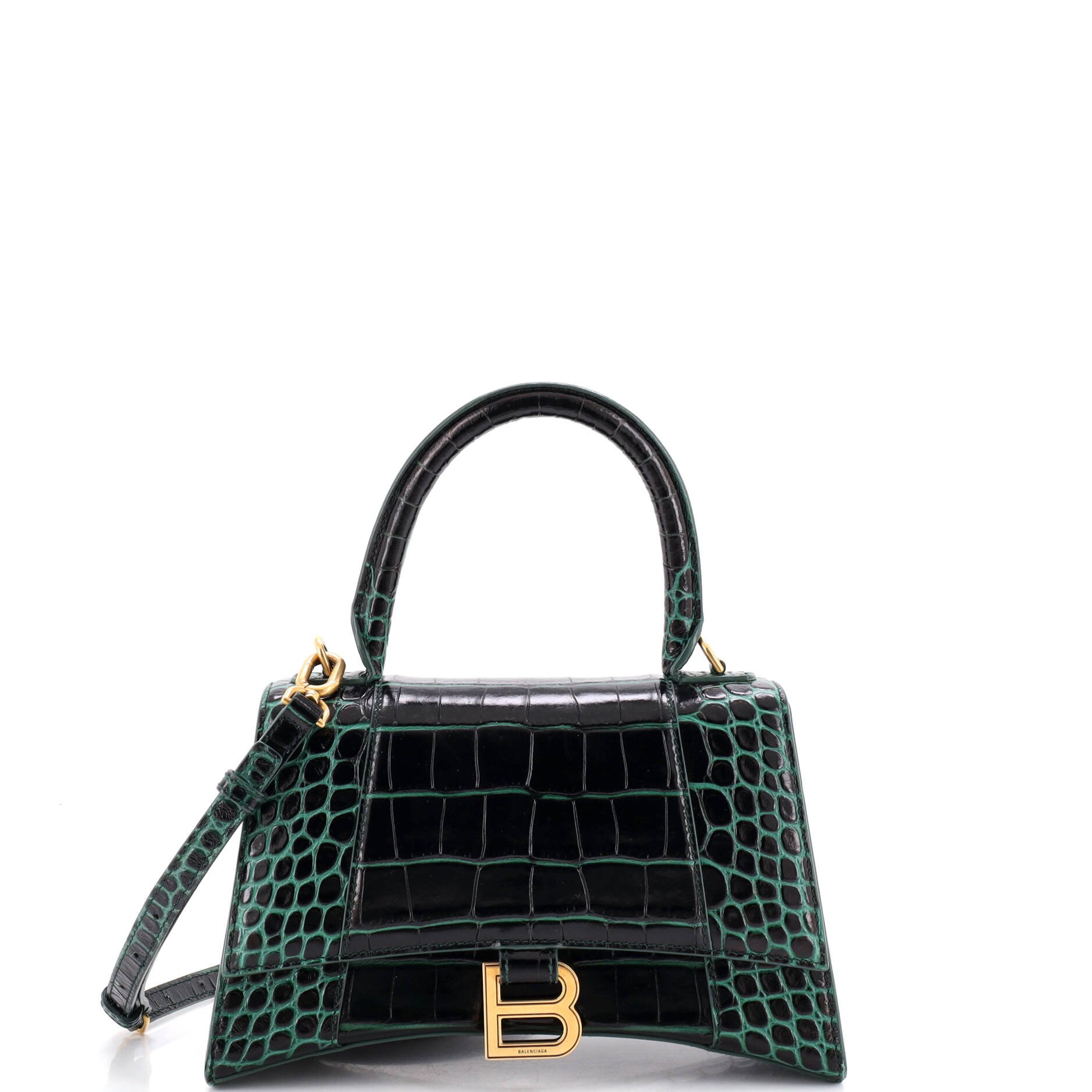 Hourglass Top Handle Bag Crocodile Embossed Leather Small