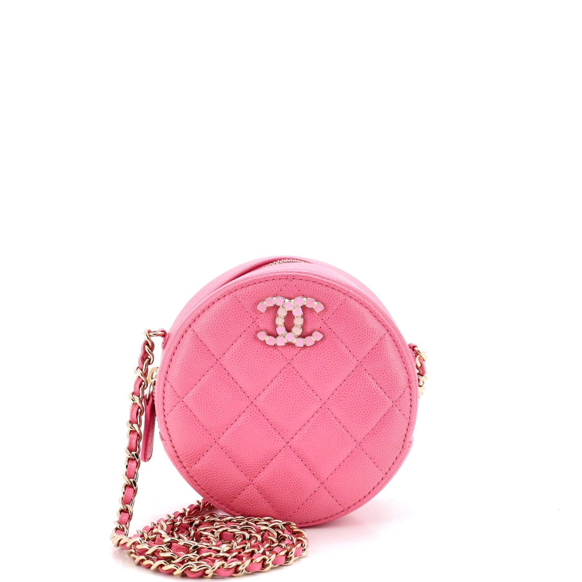 Round Clutch with Chain Quilted Caviar with Lacquered Metal