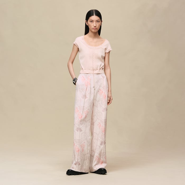 Rose Palomino Short-sleeve Sweater With Ruffled Details