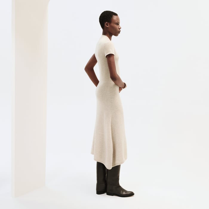 Beige Naturel Short-sleeve Long Cashmere Dress