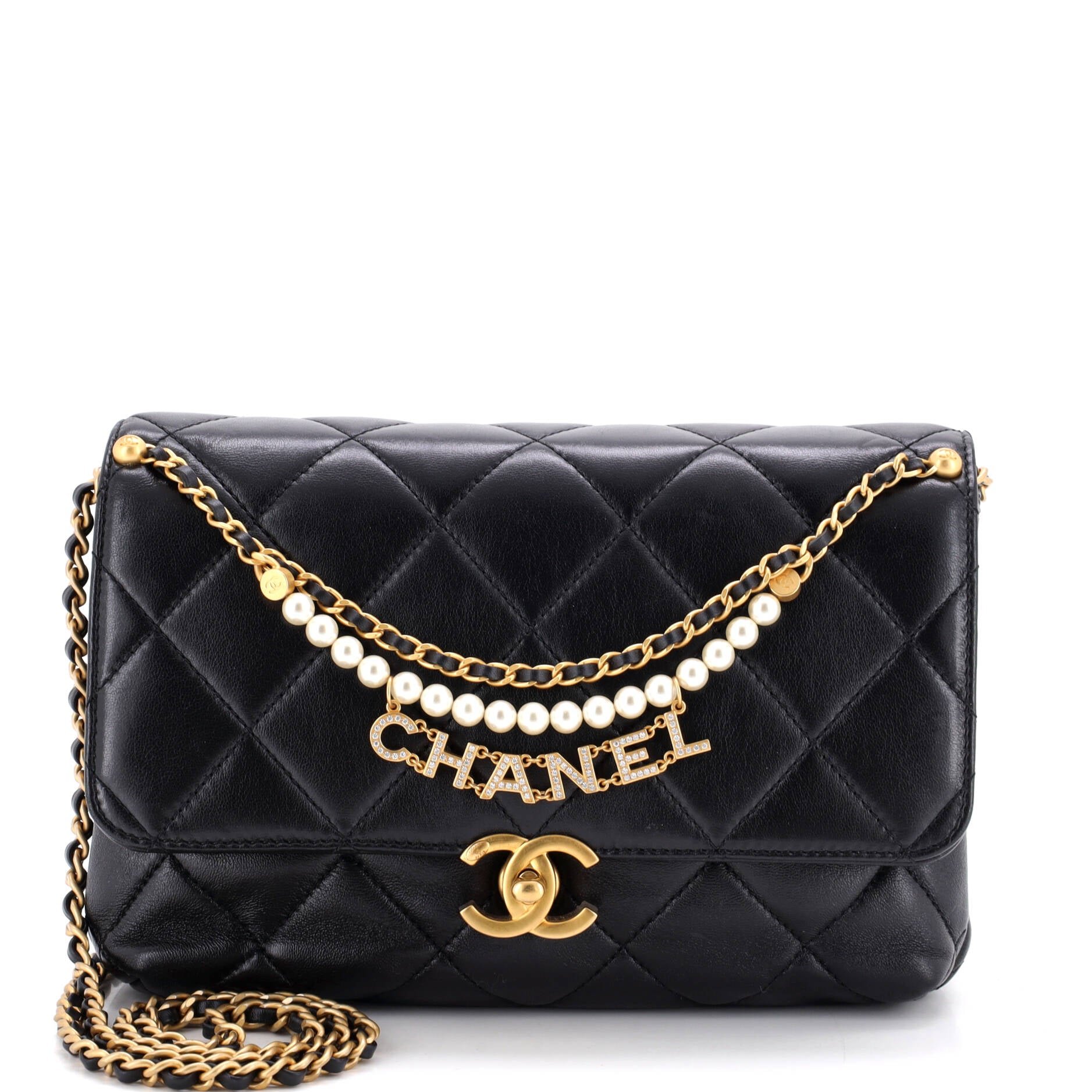 Logo Chains Flap Bag Quilted Lambskin with Faux Pearls and Crystals Small