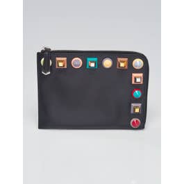 Fendi Fendi Black Leather Studded Flat Clutch Bag 8M0378