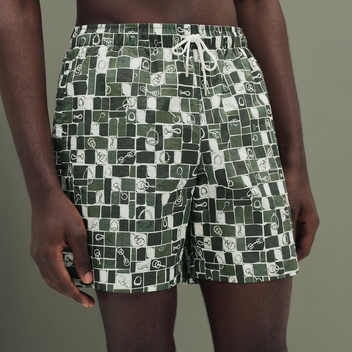 Olive "Mosaique Equestre" Swim Trunks