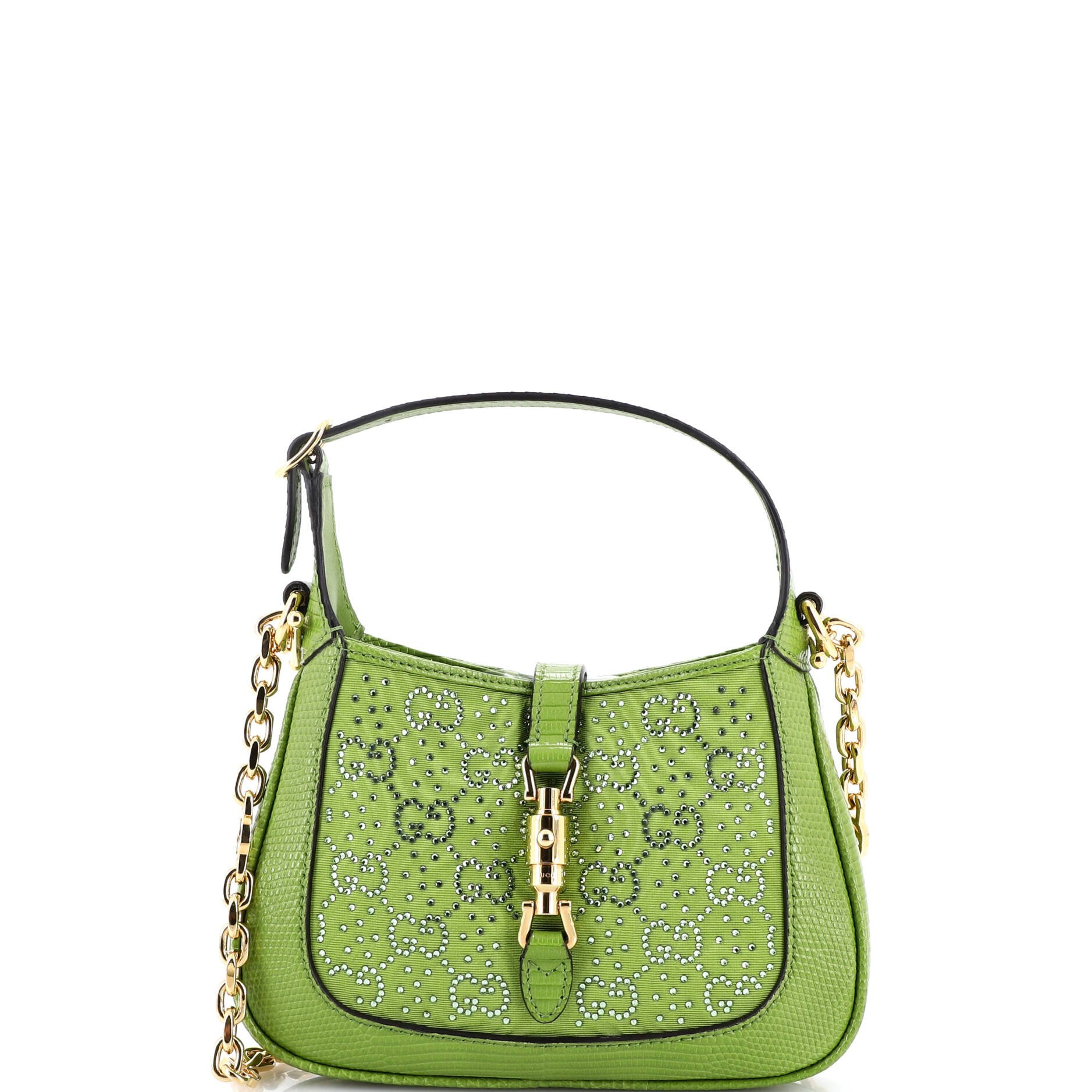 Gucci Jackie 1961 Chain Hobo Crystal GG Embellished Fabric with Lizard Mini
