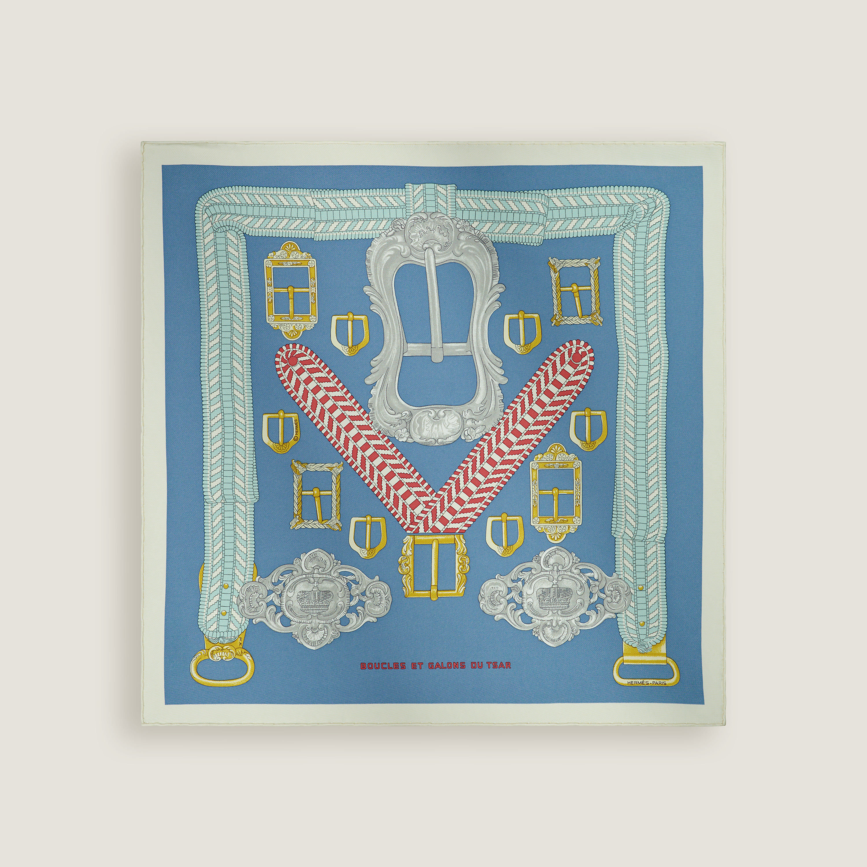 Hermès Boucles et galons du tsar scarf 45 Crème/Bleu/Gold | BagUSeek