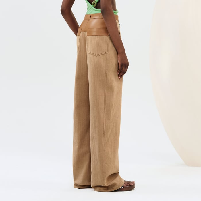 Beige Albâtre Loose Fit Pants With Leather Detail