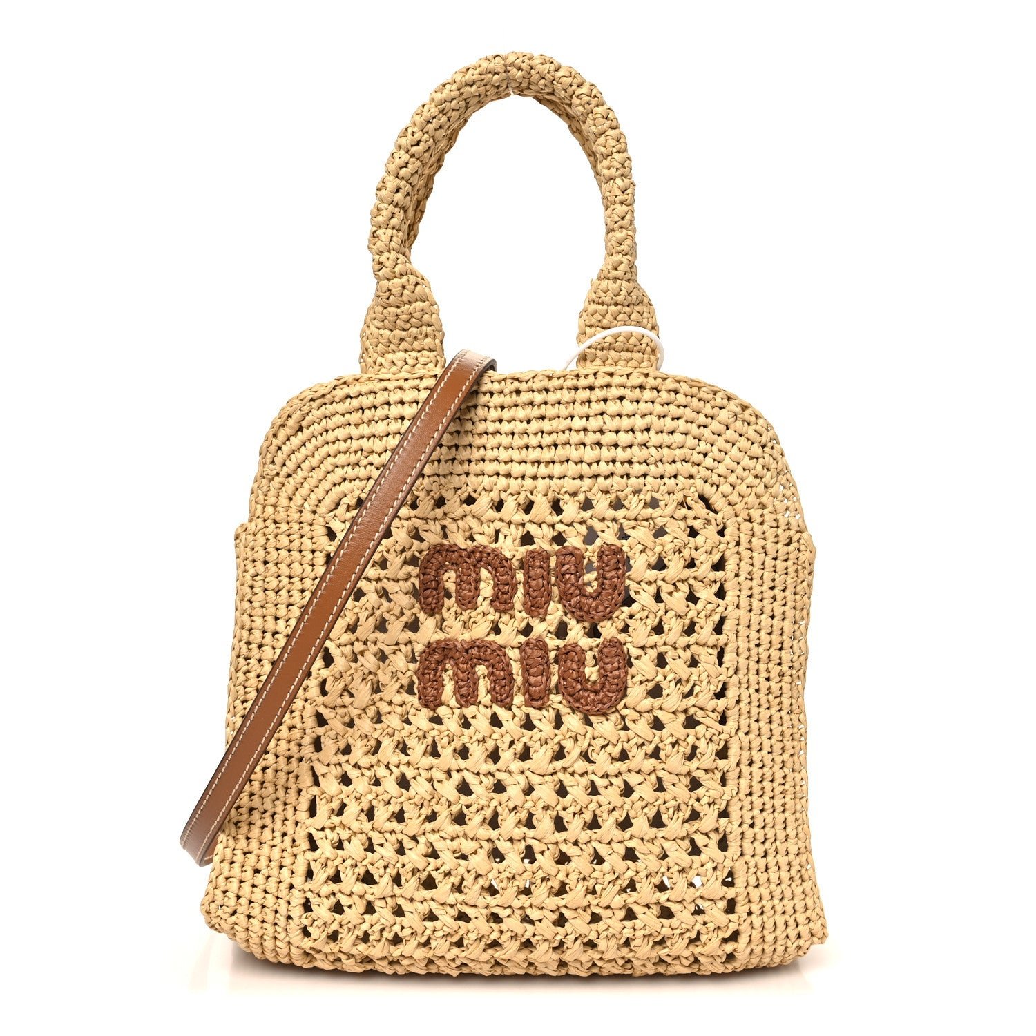 Miu Miu Raffia Crochet Woven Tote Bag Beige