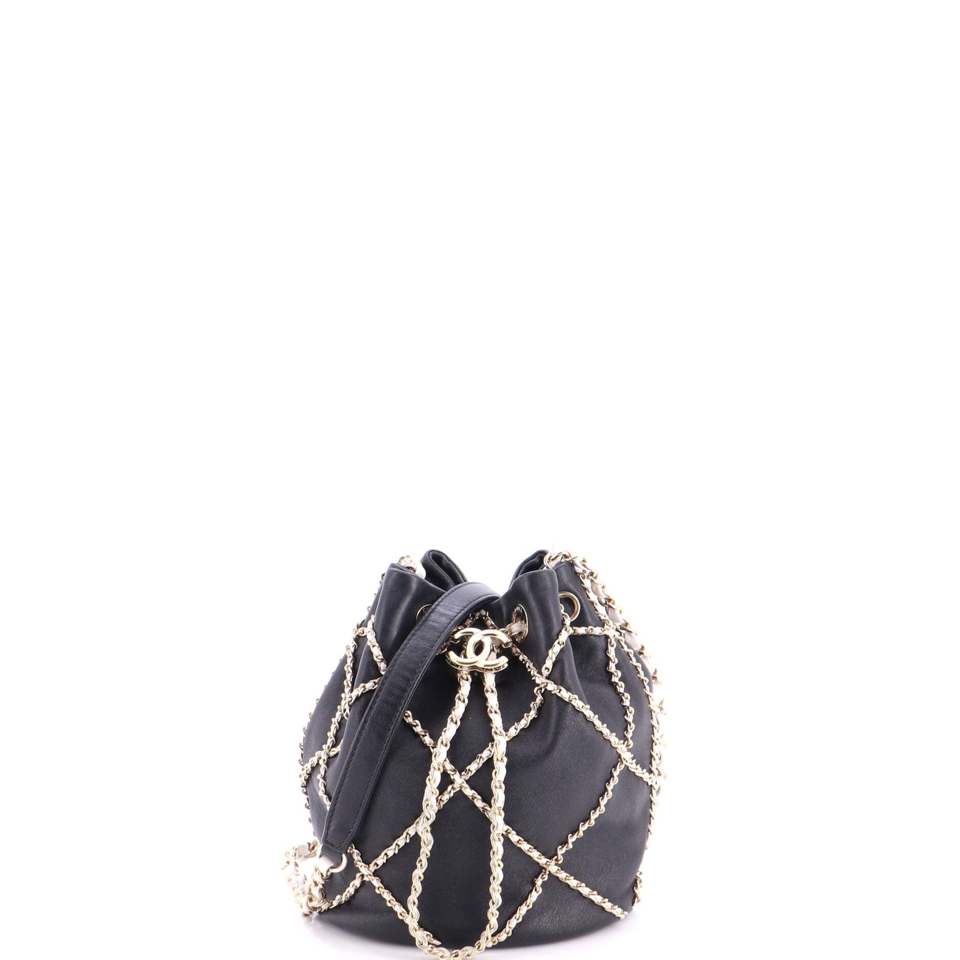 Entwined Chain Drawstring Bucket Bag Quilted Lambskin Mini