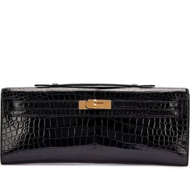 Hermes Black Shiny Porosus Crocodile Kelly Cut Gold Hardware, 2015