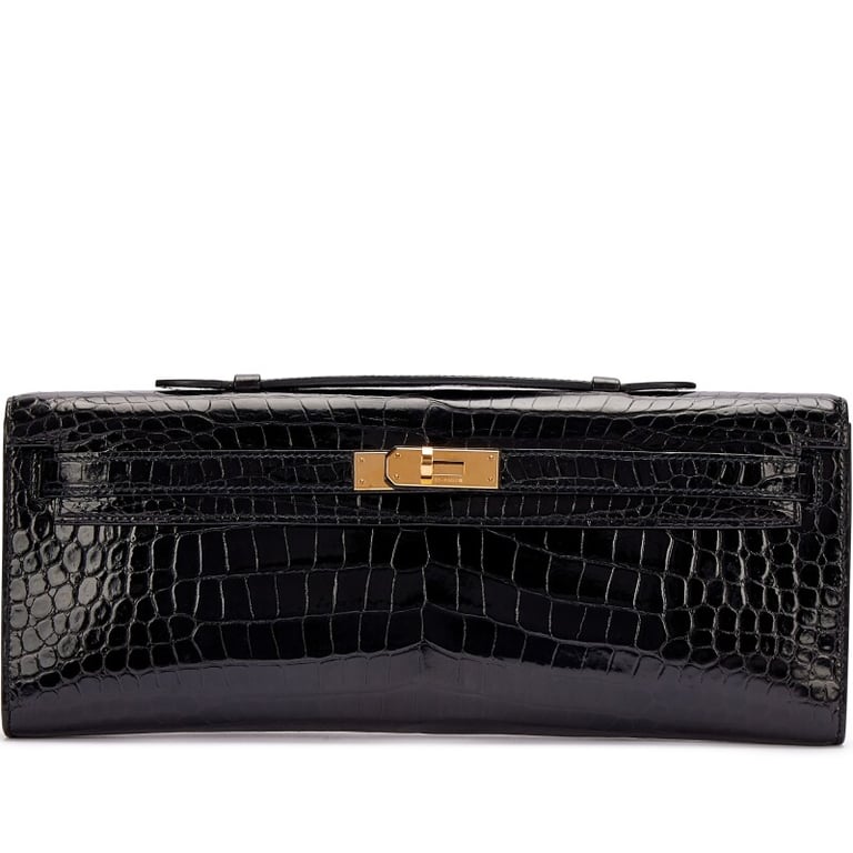 Hermes Black Shiny Porosus Crocodile Kelly Cut Gold Hardware, 2015