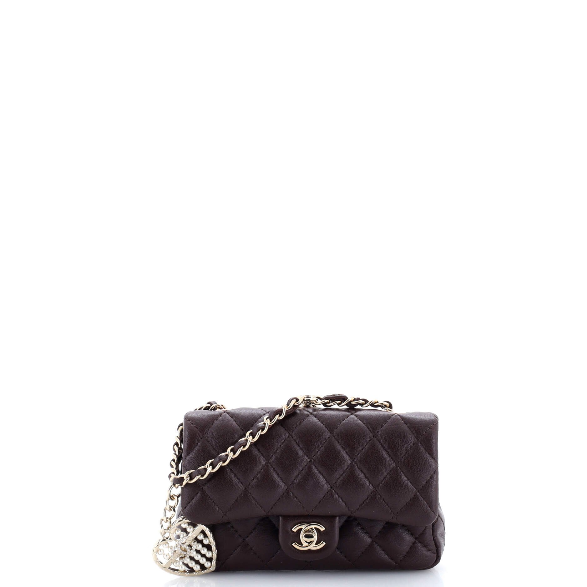 Chanel CC Heart Charm Double Flap Hook Bag Quilted Lambskin with Faux Pearls and Crystals Mini
