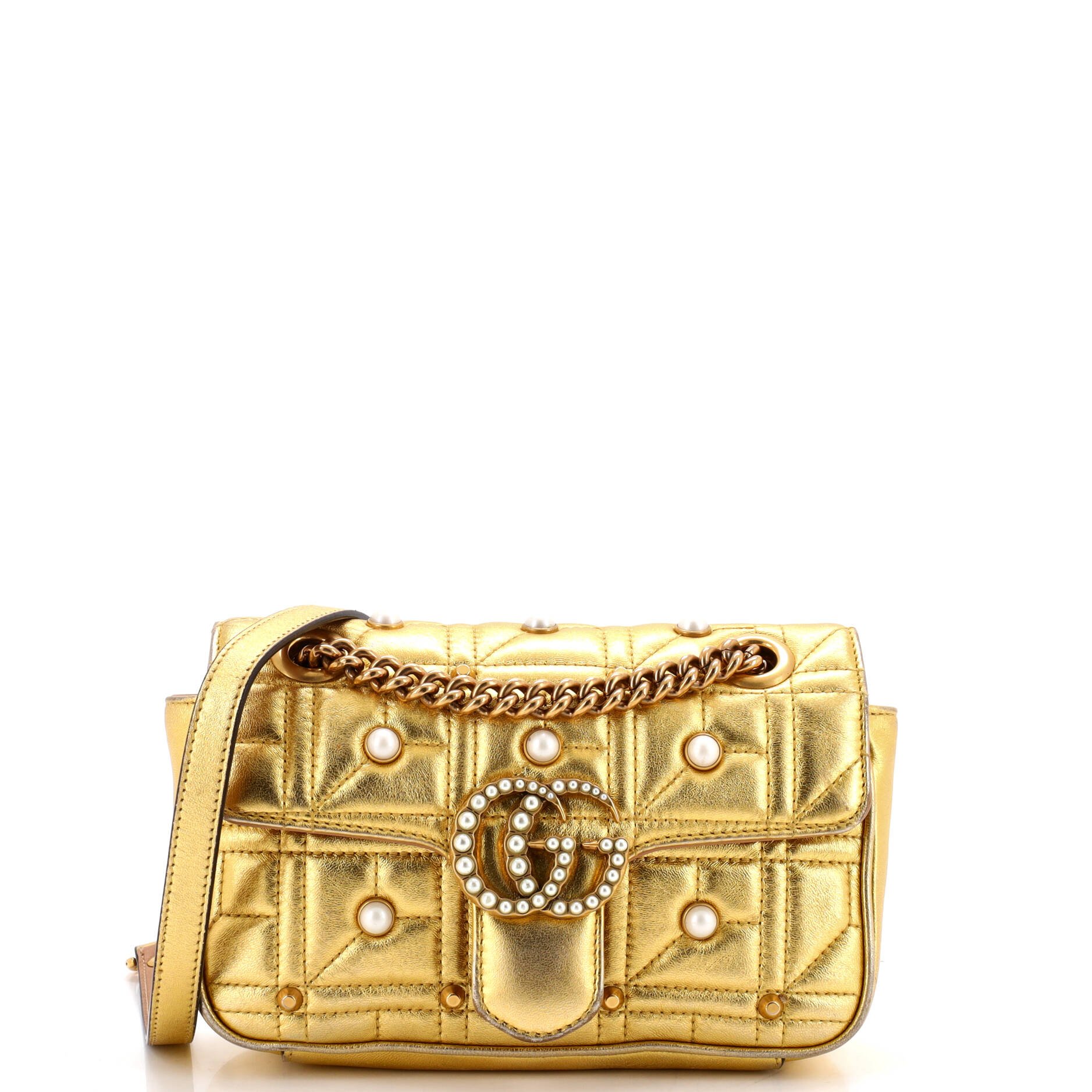 Pearly GG Marmont Flap Bag Embellished Matelasse Leather Mini