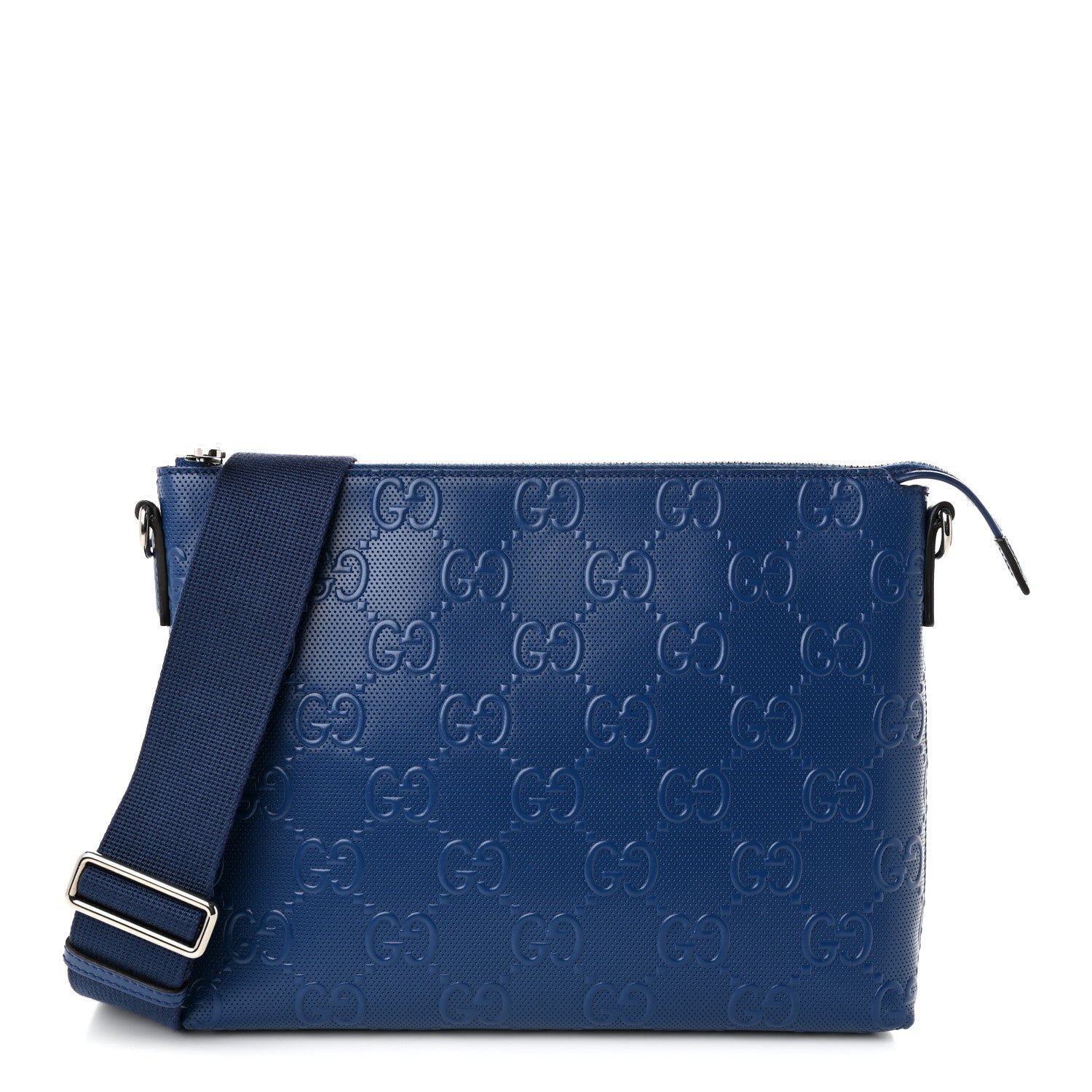 Gucci Calfskin GG Tennis Embossed Medium Wristlet Messenger Bag Intense Metal Blue