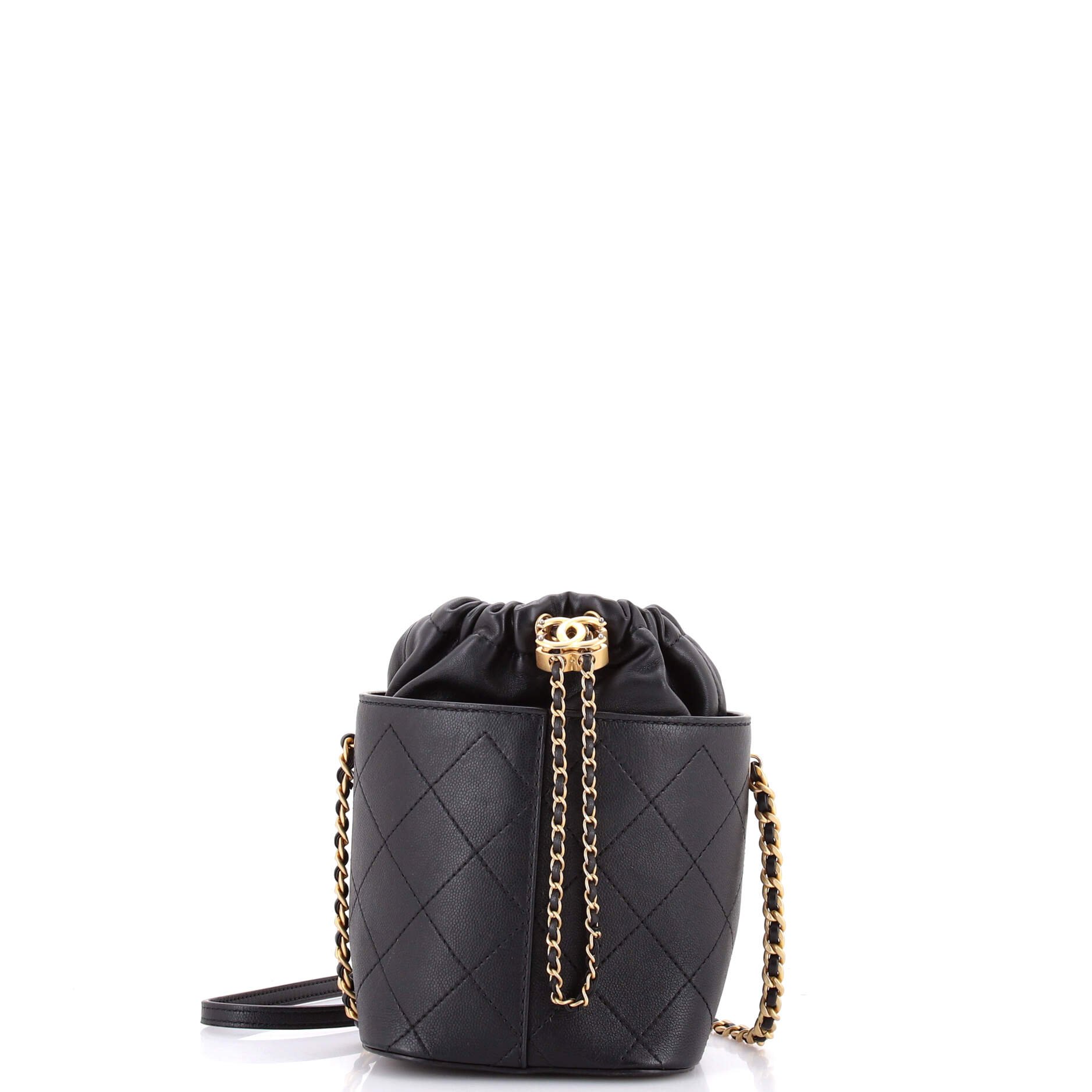 CC Drawstring Bucket Bag Quilted Caviar with Lambskin Small