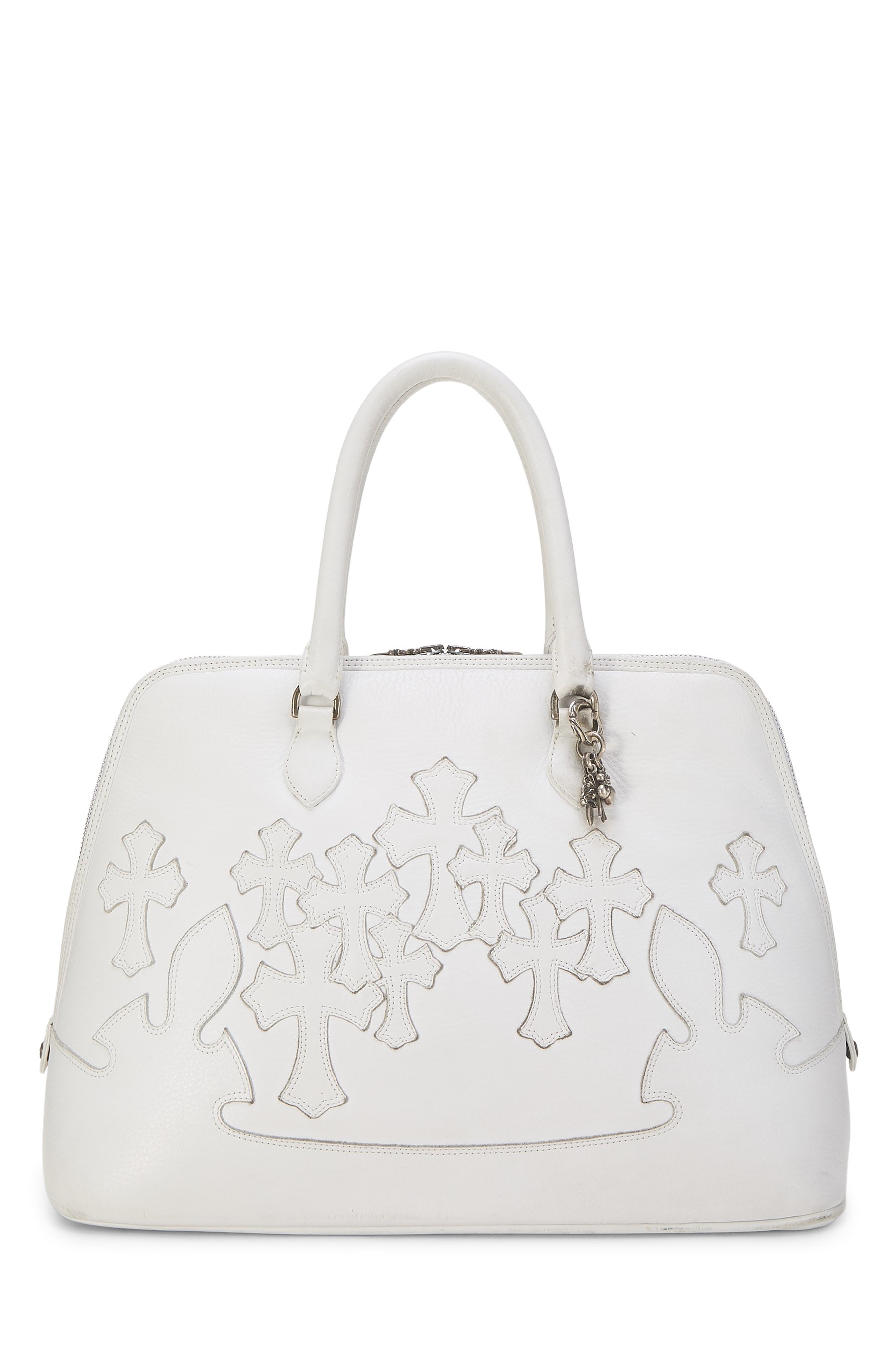 Chrome Hearts White Leather Cemetery Cross Bowling Bag