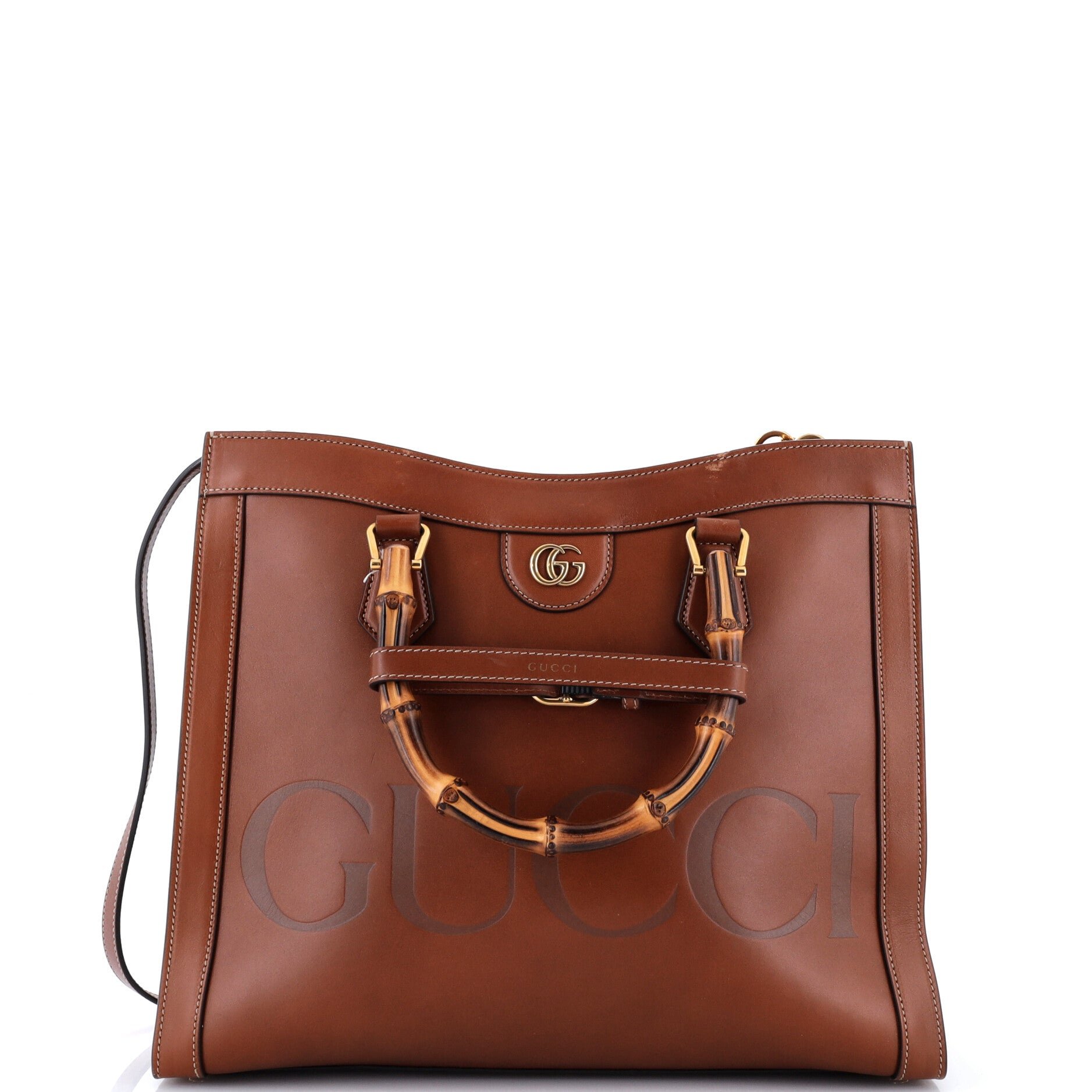 Diana NM Logo Bamboo Handle Tote Embossed Leather Medium