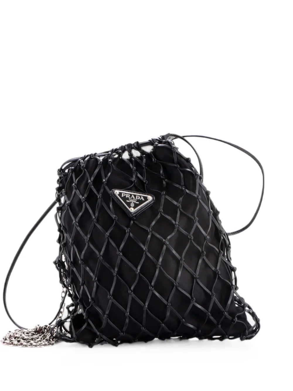 Fishnet Chain Crossbody Bag Woven Leather and Satin bucket bag