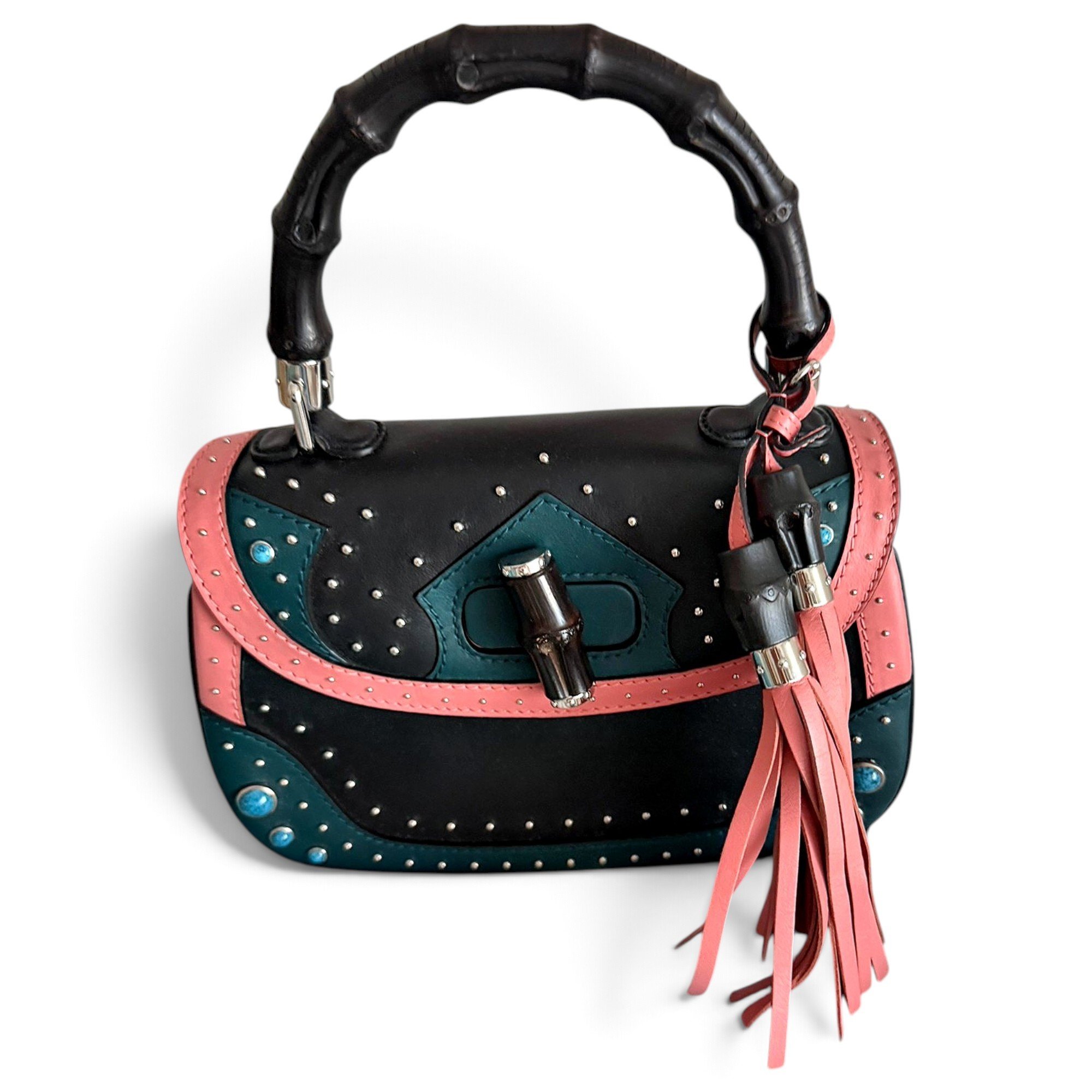 Convertible Pompon Bamboo Top Handle leather handbag